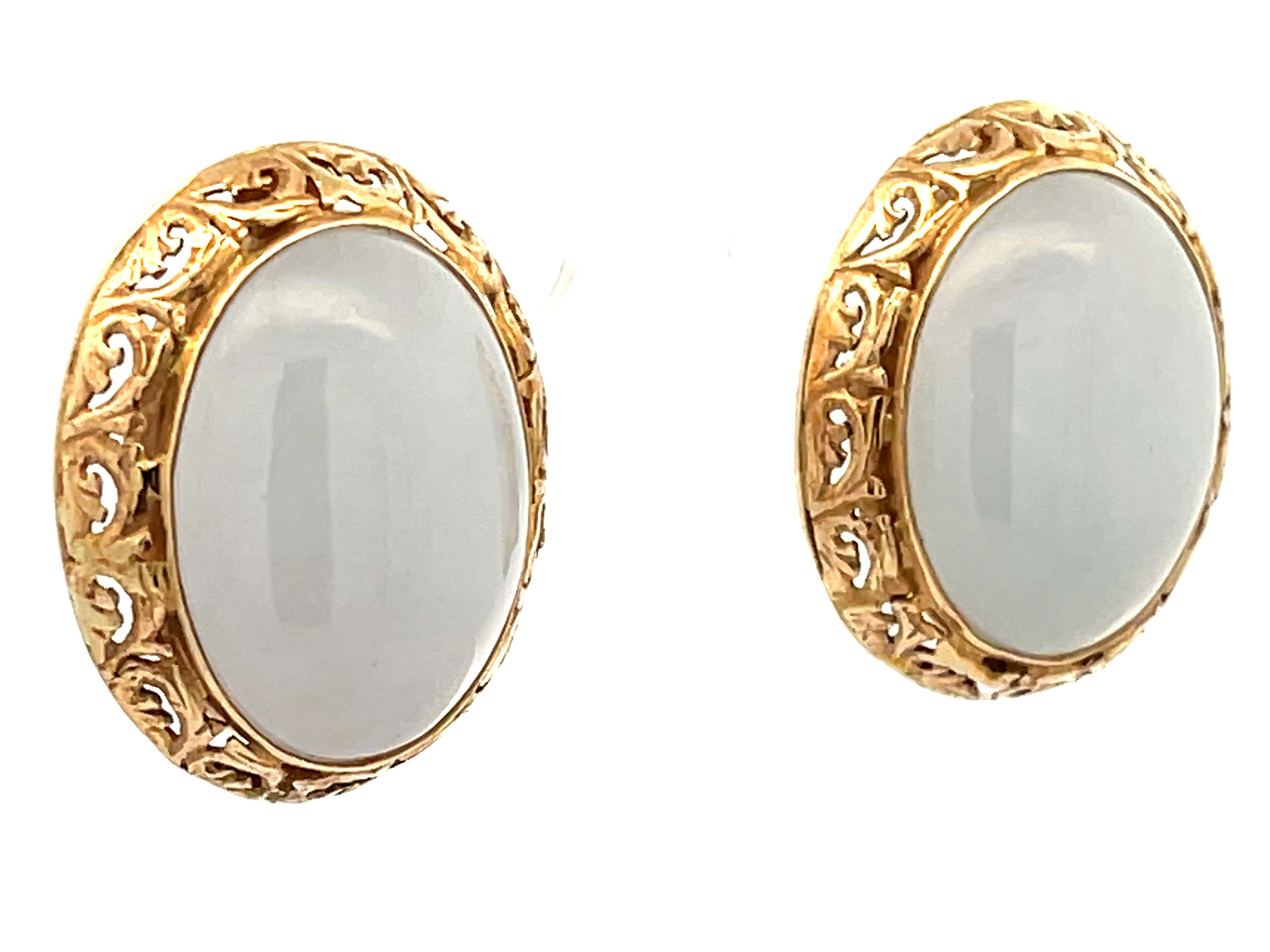 Modern Mings Oval White Jade Earrings 14K Yellow Gold For Sale