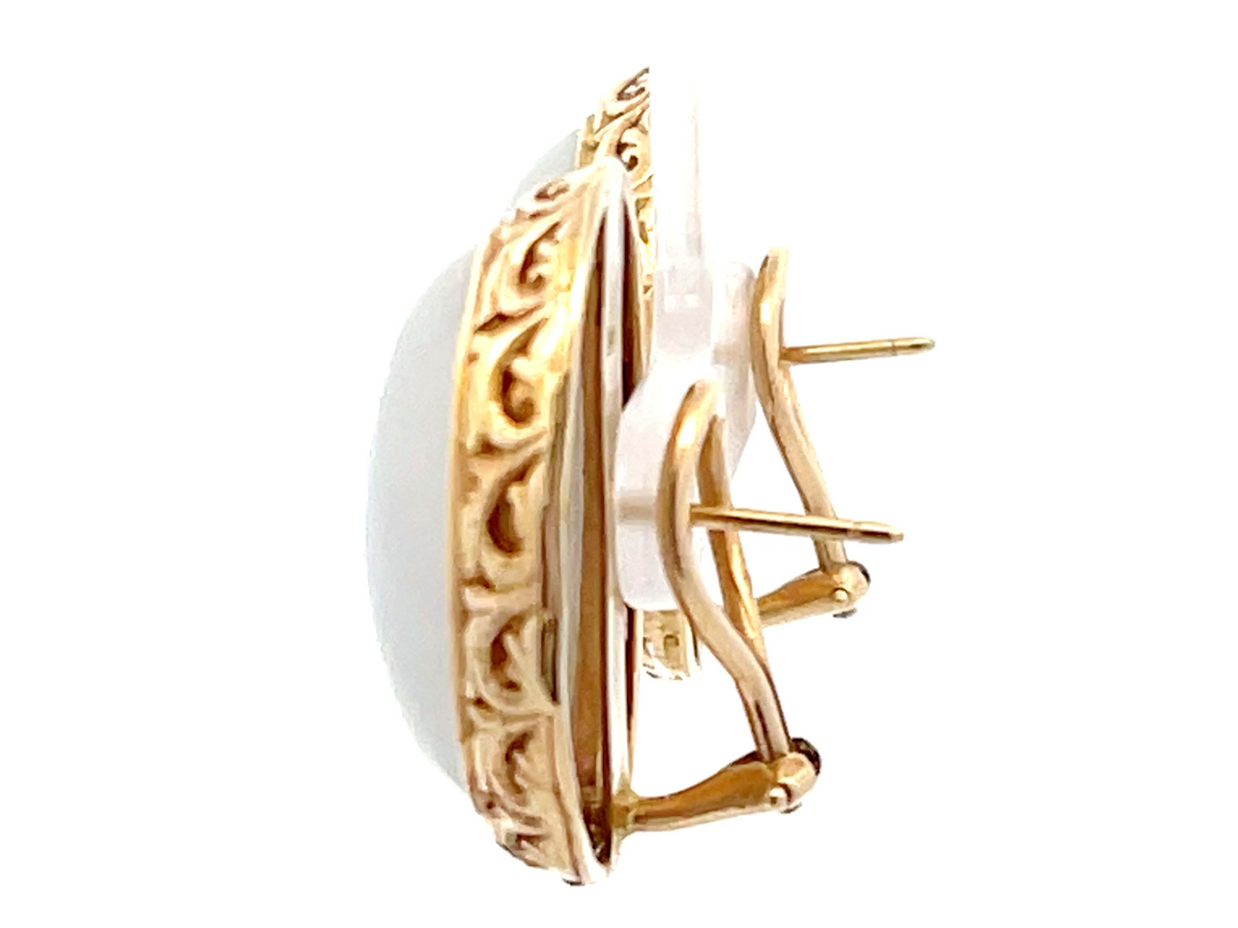Women's Mings Oval White Jade Earrings 14K Yellow Gold For Sale