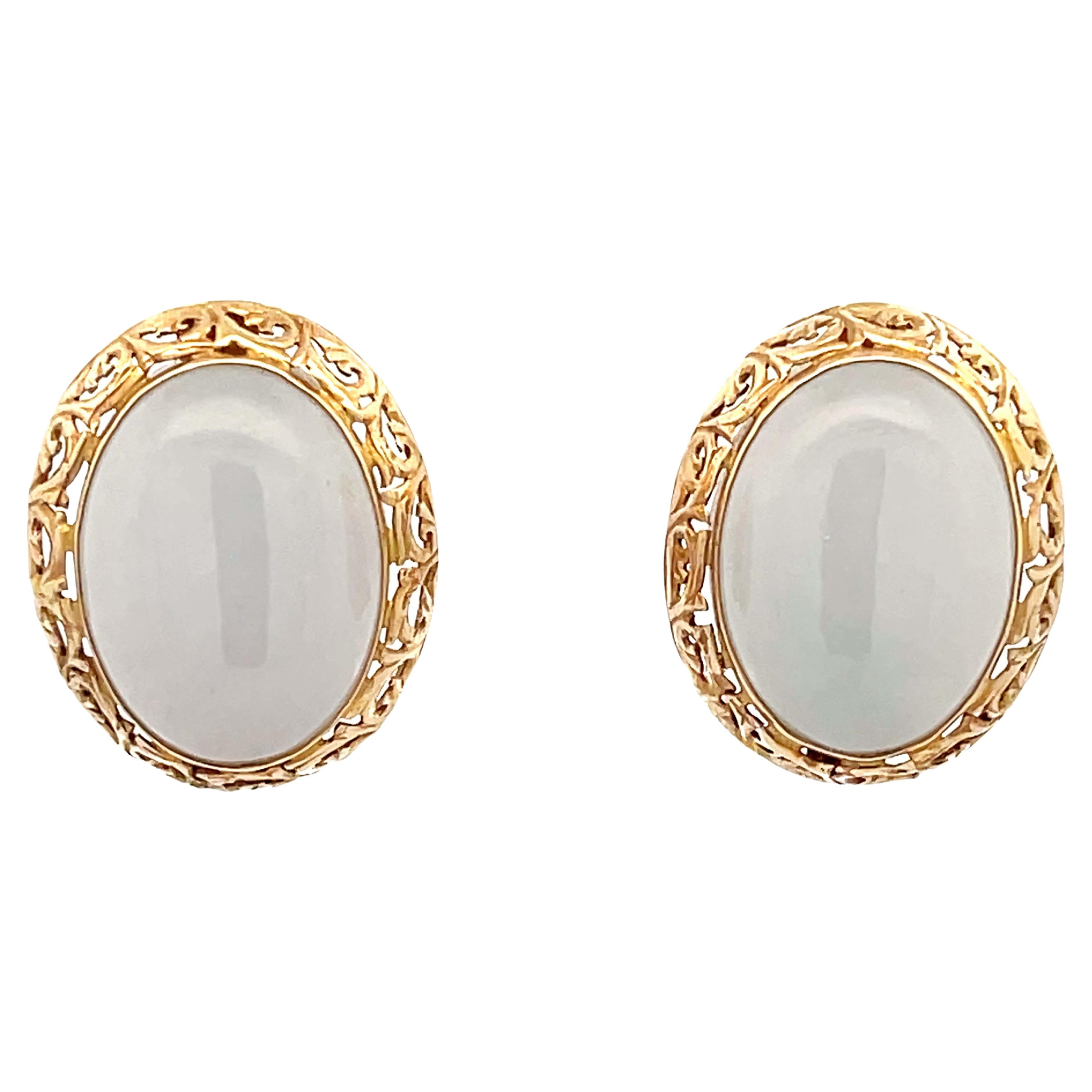 Mings Oval White Jade Earrings 14K Yellow Gold For Sale