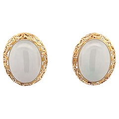 Vintage Mings Oval White Jade Earrings 14K Yellow Gold