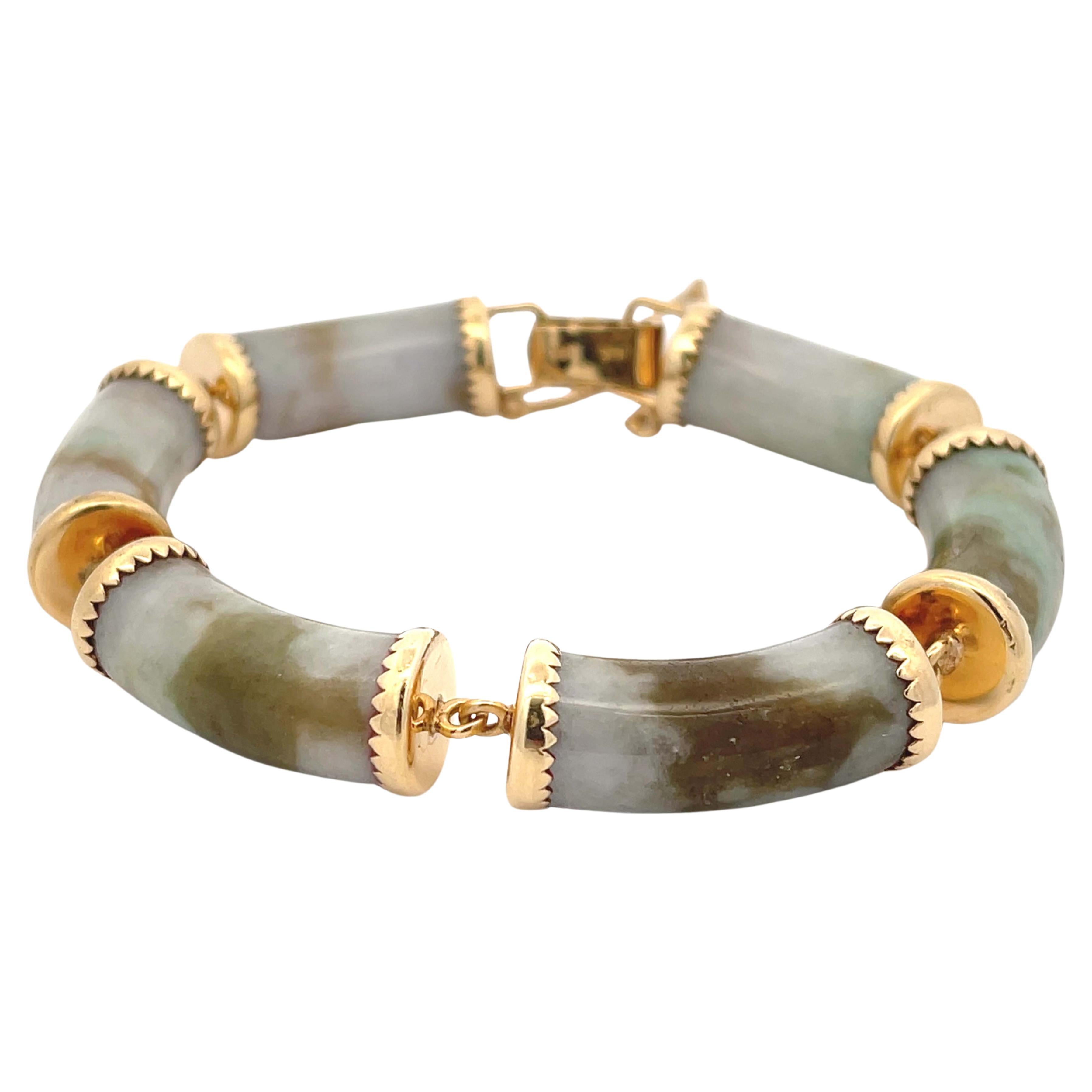 Mings Pale Green and Brown Jade Bracelet in 14k Yellow Gold For Sale