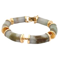 Retro Mings Pale Green and Brown Jade Bracelet in 14k Yellow Gold