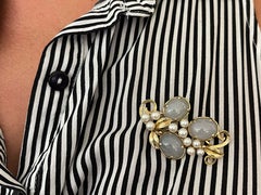 Mings Pale Oval Jade and Pearls Branch Brooch in 14k Yellow Gold