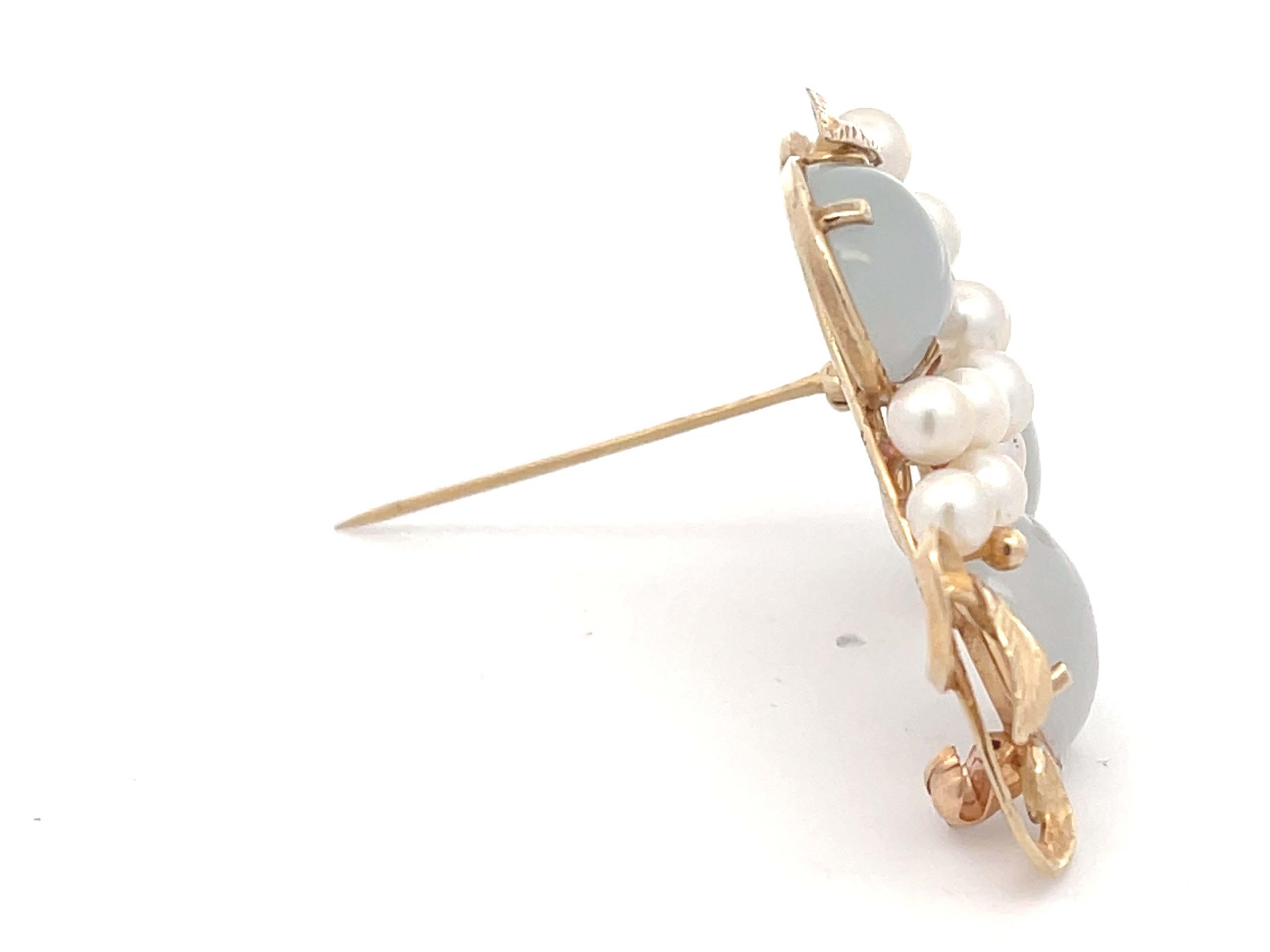 Modern Mings Pale Oval Jade and Pearls Branch Brooch in 14k Yellow Gold For Sale