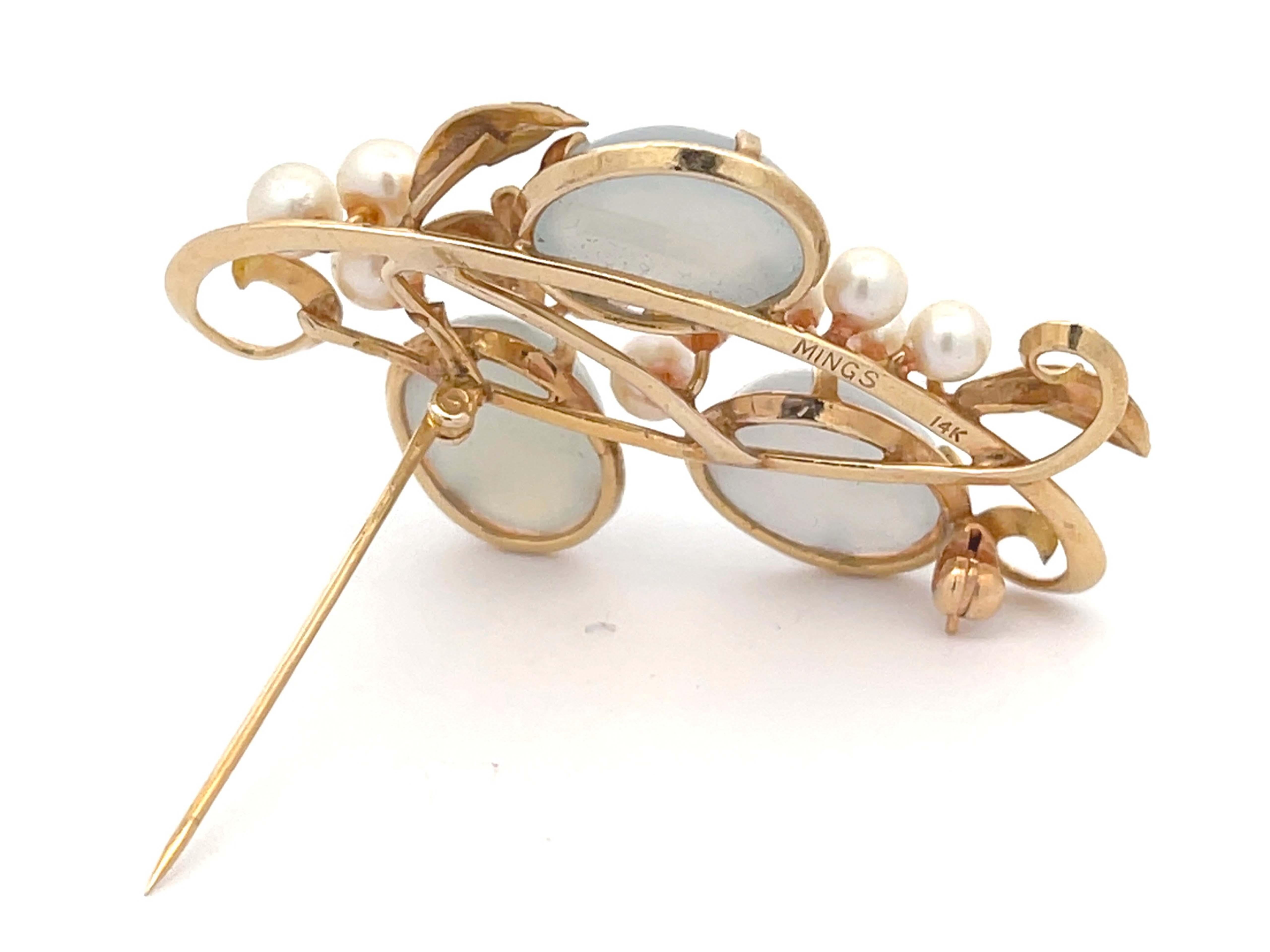 Mings Pale Oval Jade and Pearls Branch Brooch in 14k Yellow Gold In Excellent Condition For Sale In Honolulu, HI