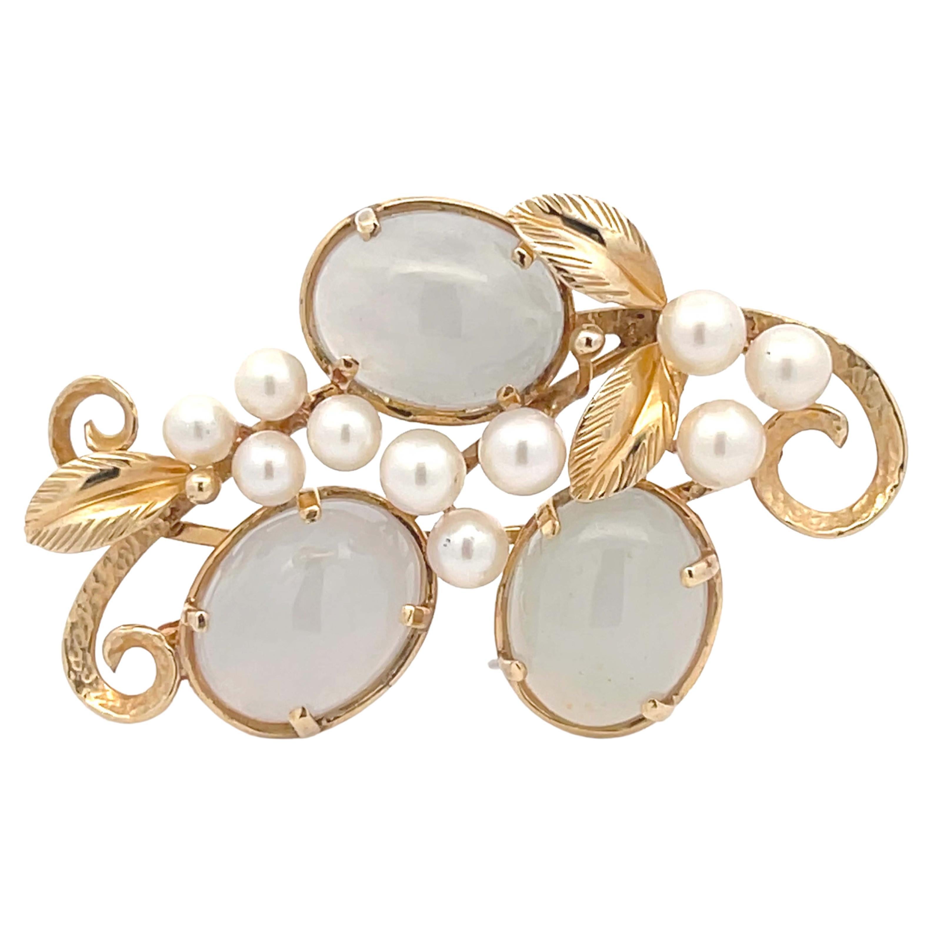 Mings Pale Oval Jade and Pearls Branch Brooch in 14k Yellow Gold For Sale