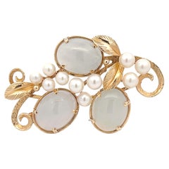Mings Pale Oval Jade and Pearls Branch Brooch in 14k Yellow Gold