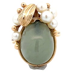 Mings Pear Shaped Deep Green Jade and Pearl Leaf Ring in 14k Yellow Gold