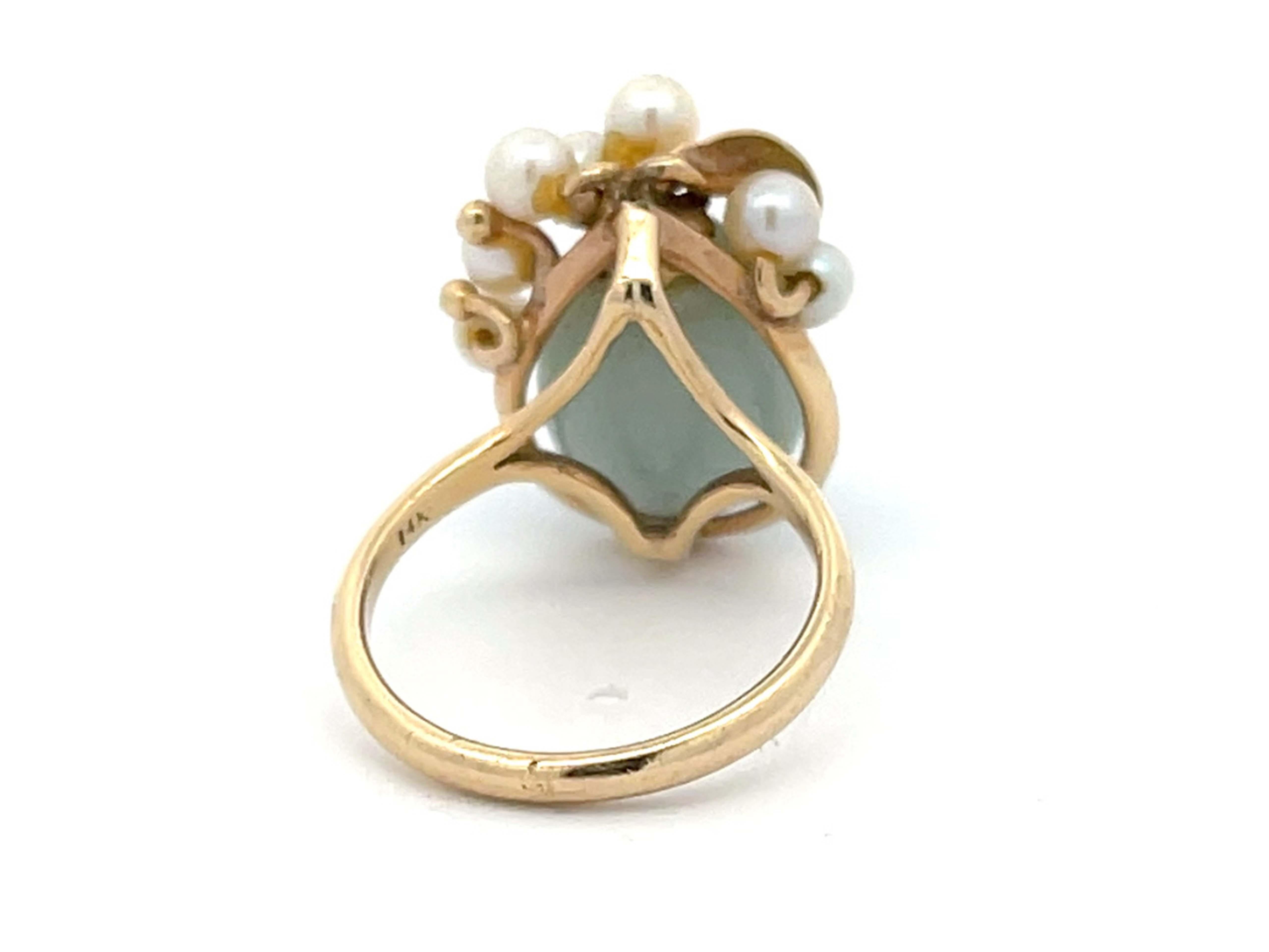 Mings Ring aus 14 Karat Gelbgold mit birnenförmiger Jade und Perle im Zustand „Hervorragend“ im Angebot in Honolulu, HI