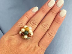 Mings Pearl and Colorful Jade Ring in 14k Yellow Gold