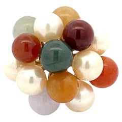 Mings Pearl and Colorful Jade Ring in 14k Yellow Gold