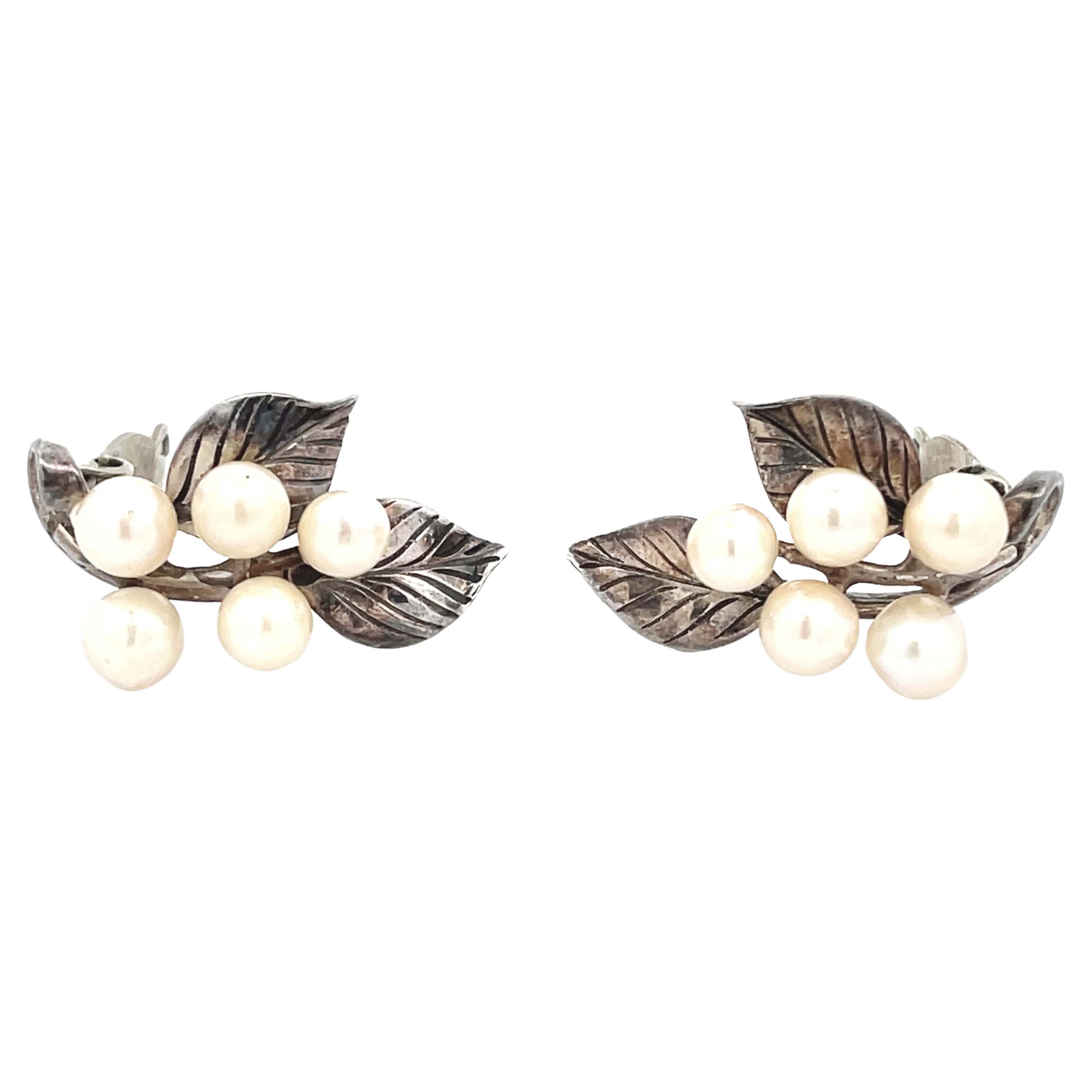 Mings Pearl and Leaf Clip on Earrings in Sterling Silver For Sale