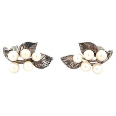 Retro Mings Pearl and Leaf Clip on Earrings in Sterling Silver