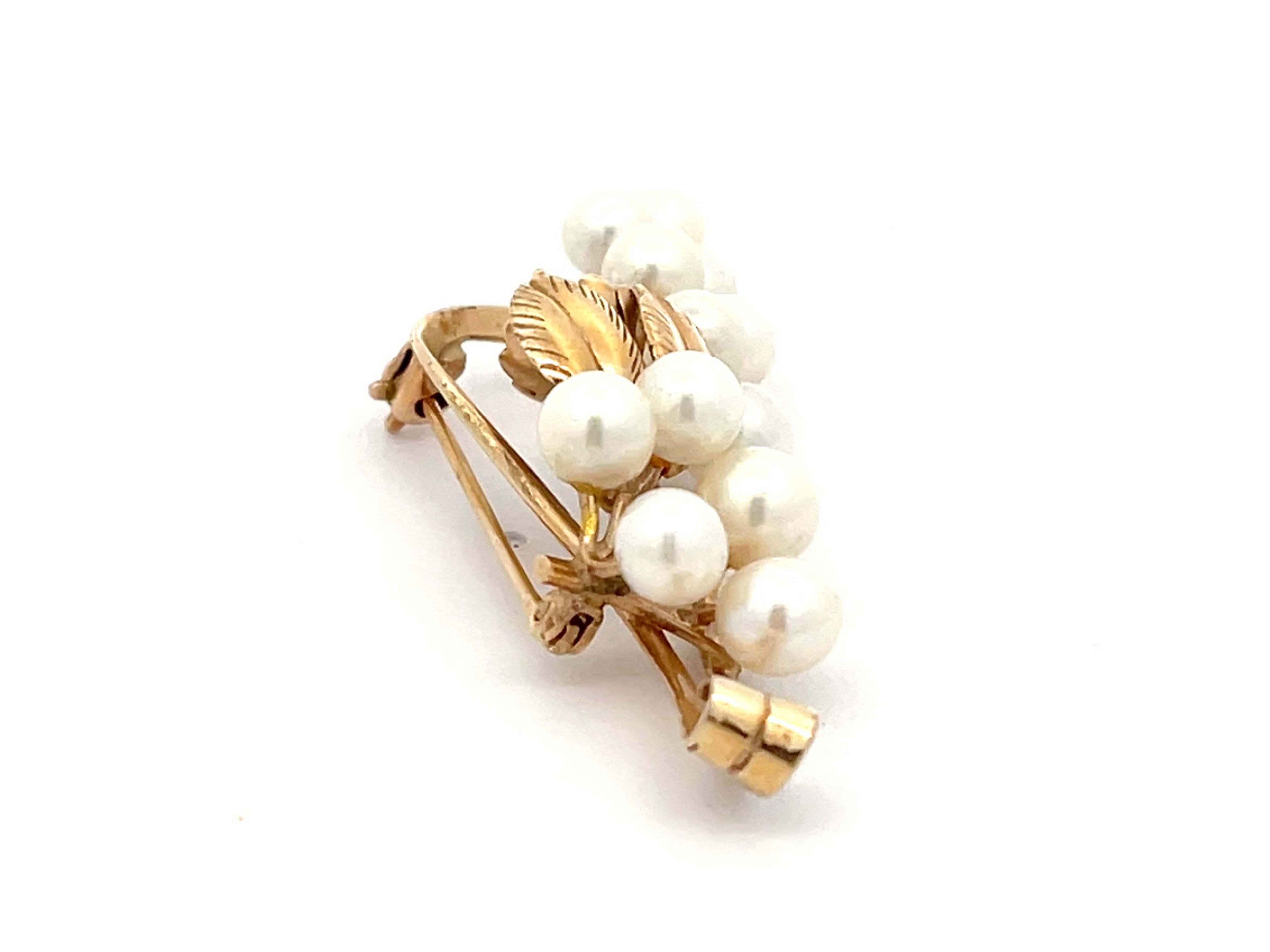 Round Cut Mings Pearl Branch Brooch in 14k Yellow Gold For Sale