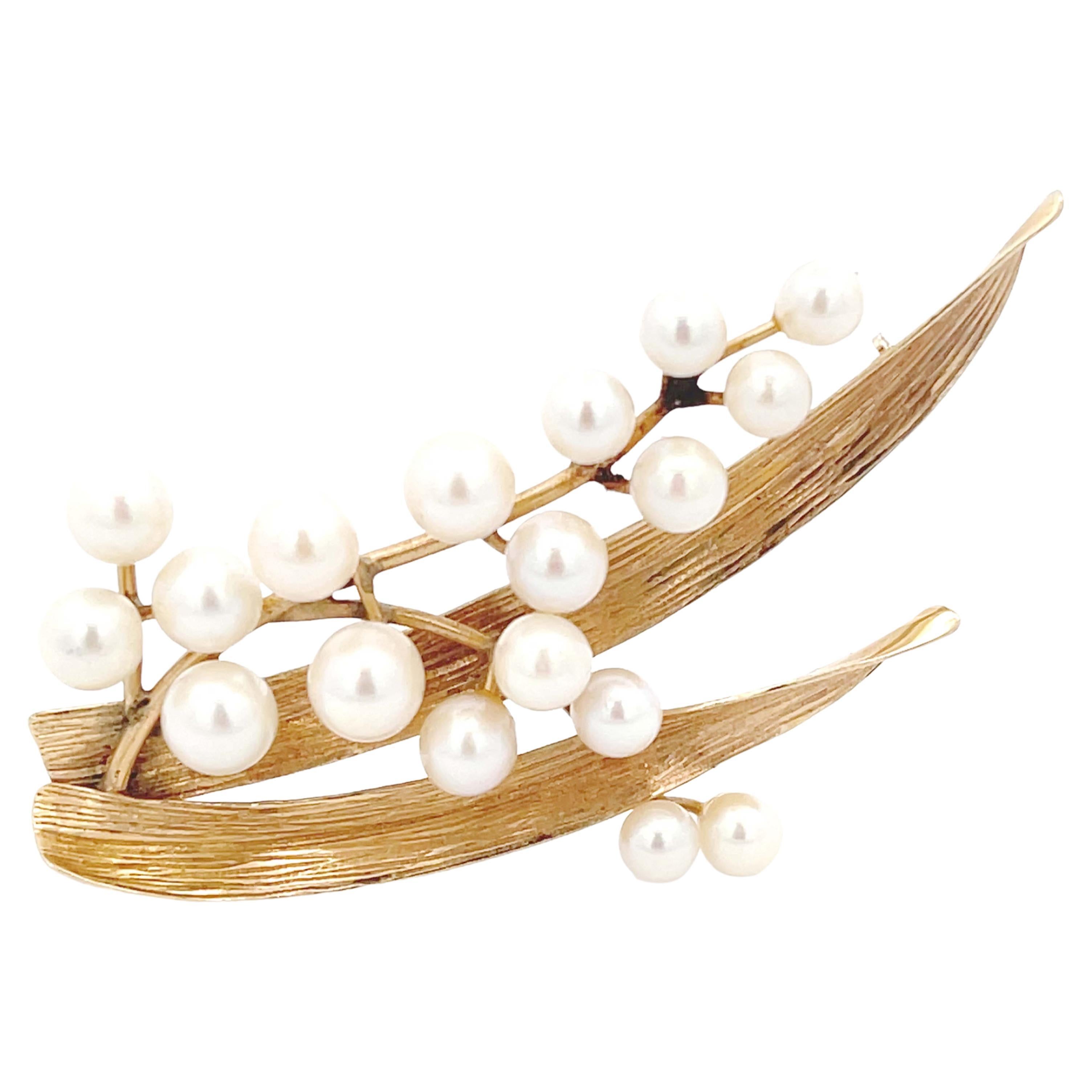 Mings Pearl Branch Brooch in 14k Yellow Gold For Sale
