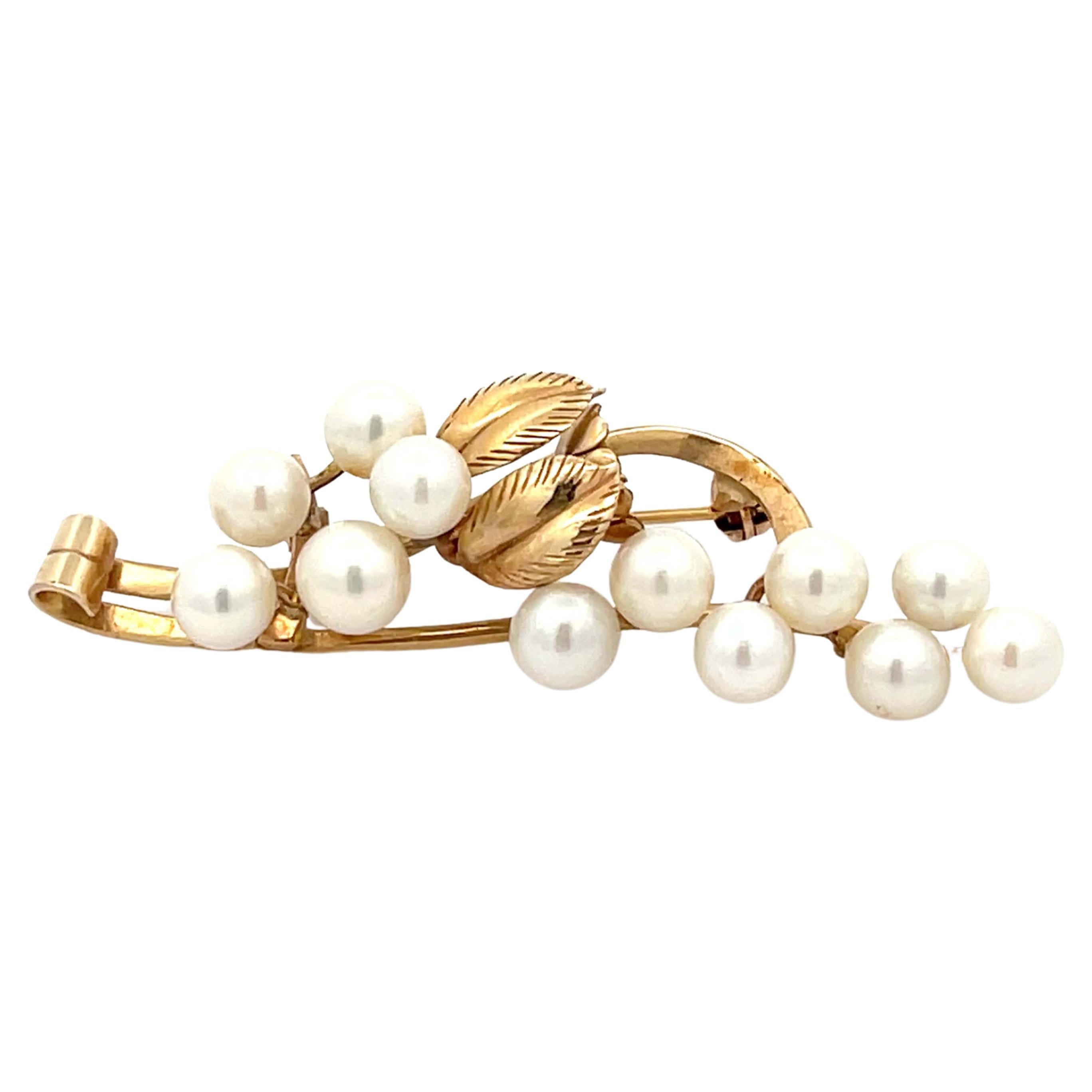 Mings Pearl Branch Brooch in 14k Yellow Gold For Sale