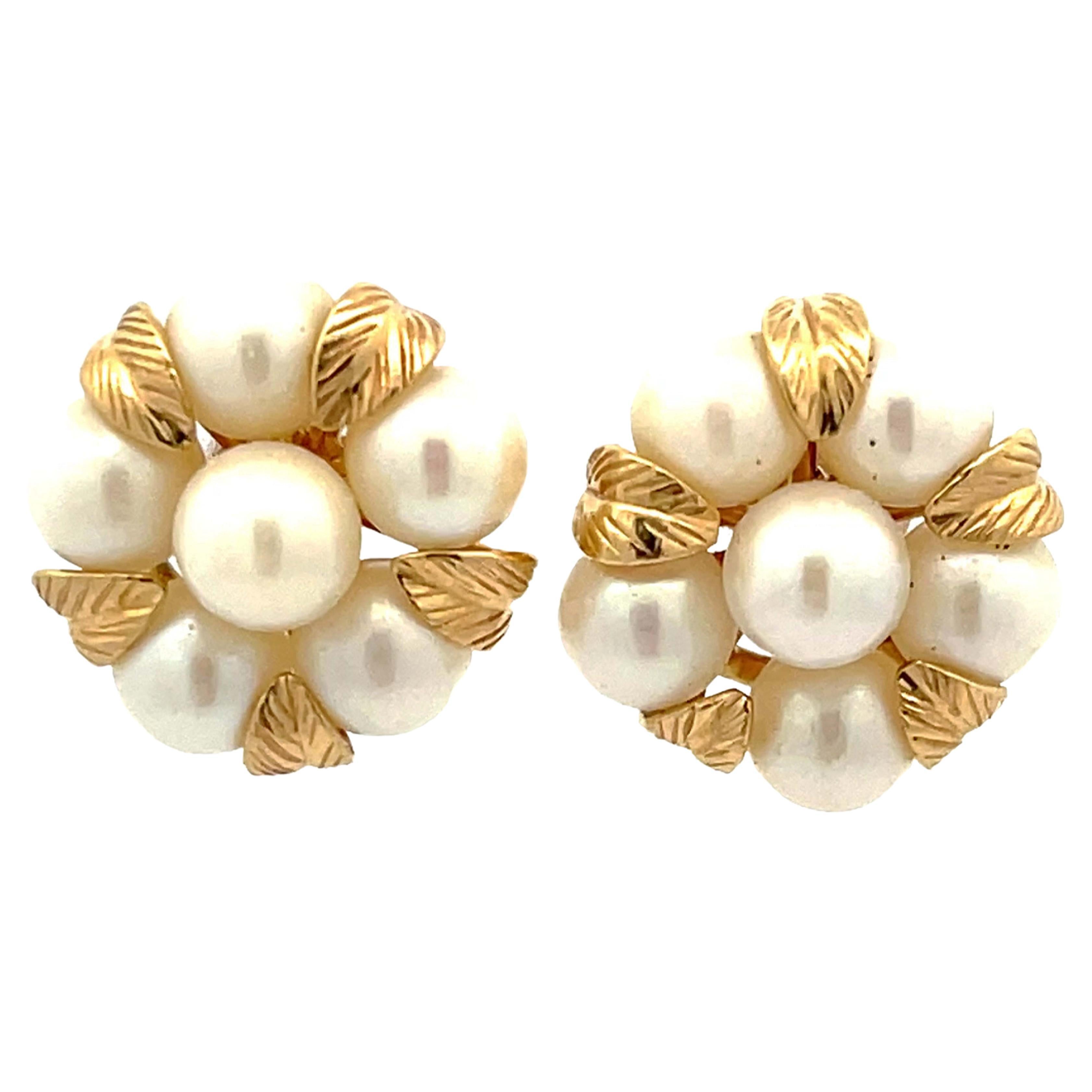 Mings Pearl Flower and Gold Leaf Earrings in 14 Karat Yellow Gold For Sale