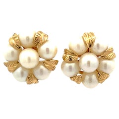 Retro Mings Pearl Flower and Gold Leaf Earrings in 14 Karat Yellow Gold