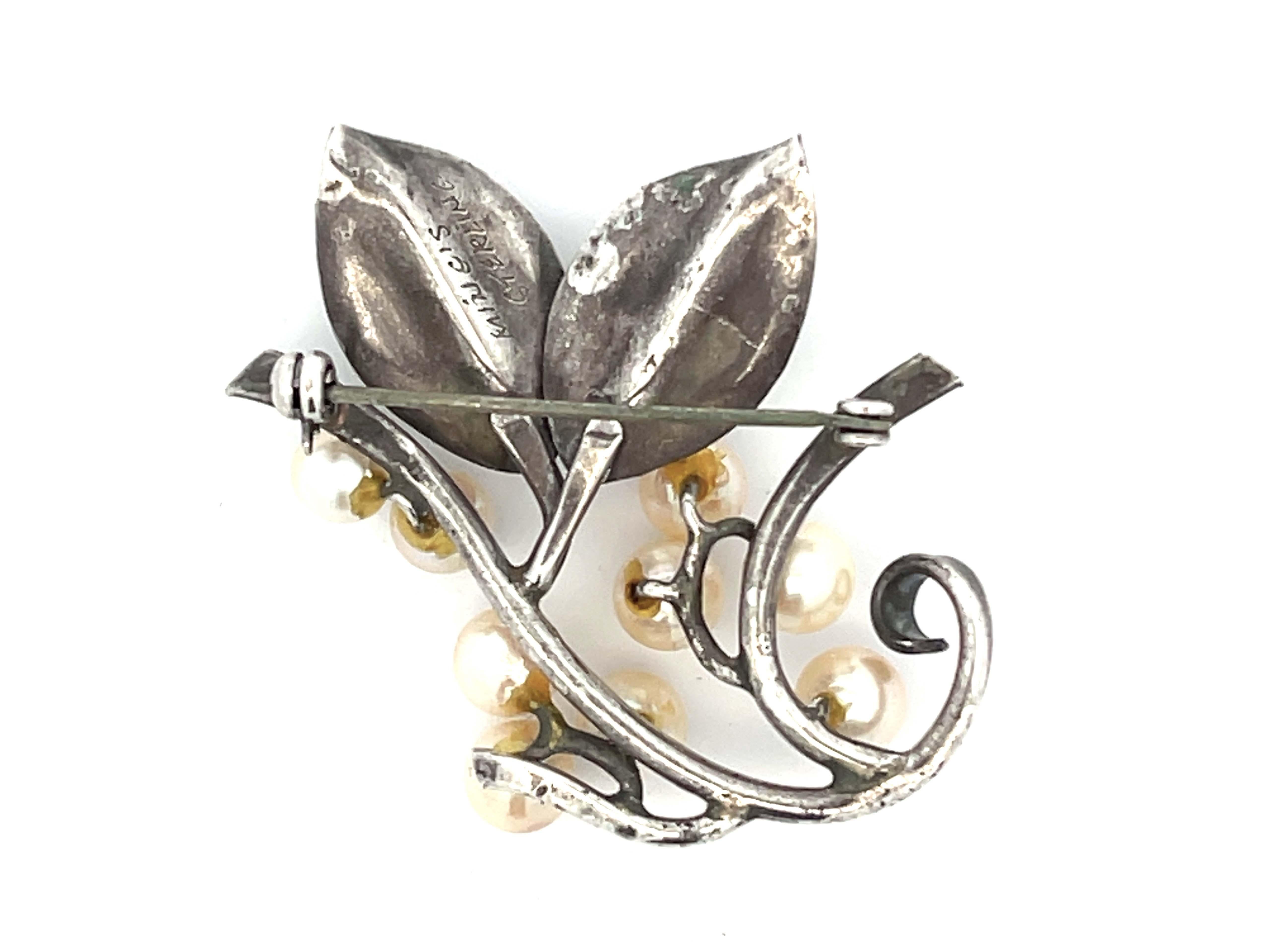Modern Mings Pearl Leaf Branch Brooch in Sterling Silver For Sale