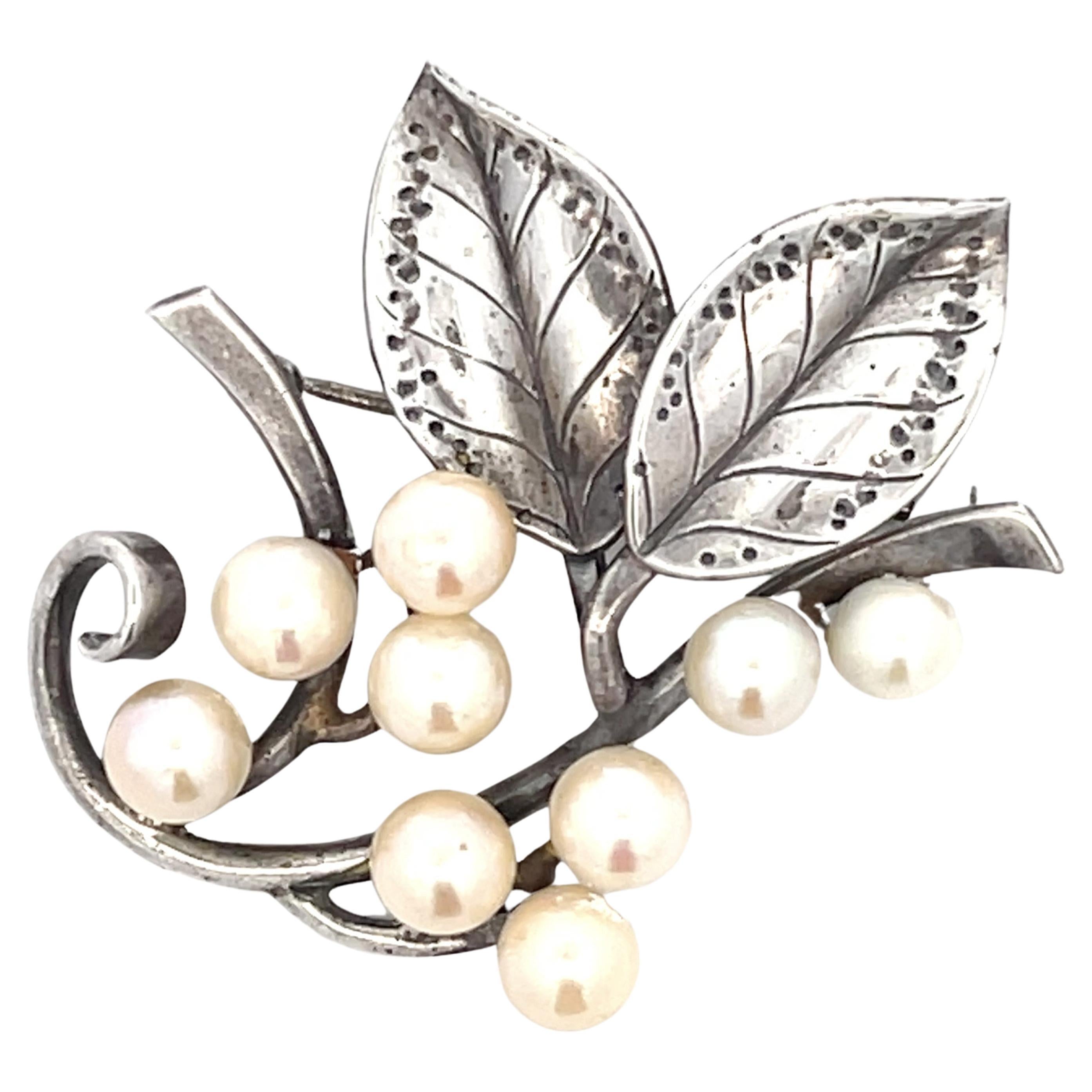 Mings Pearl Leaf Branch Brooch in Sterling Silver For Sale