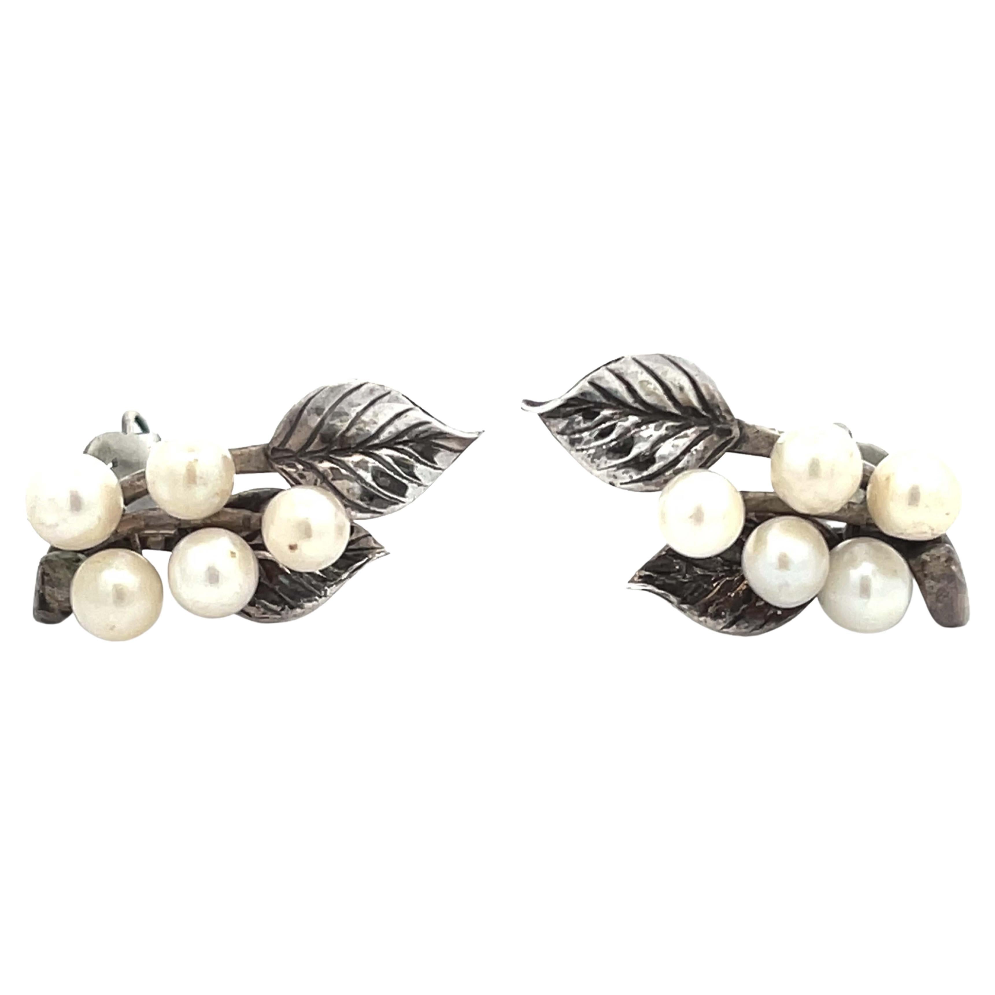 Mings Pearl Leaf Clip on Earrings in Sterling Silver For Sale