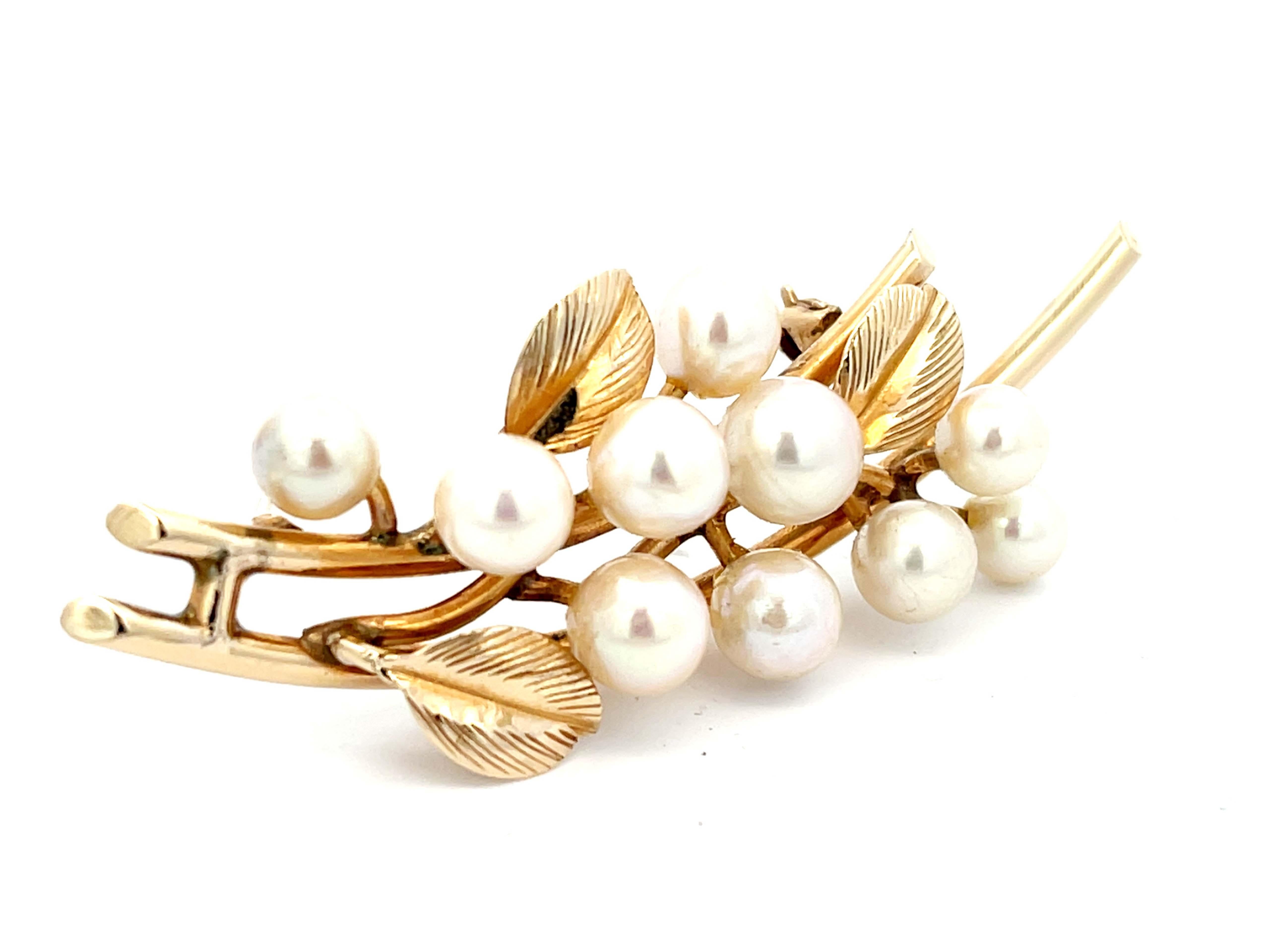 Modern Mings Pearls and Leaves on a Branch Brooch in 14k Yellow Gold For Sale
