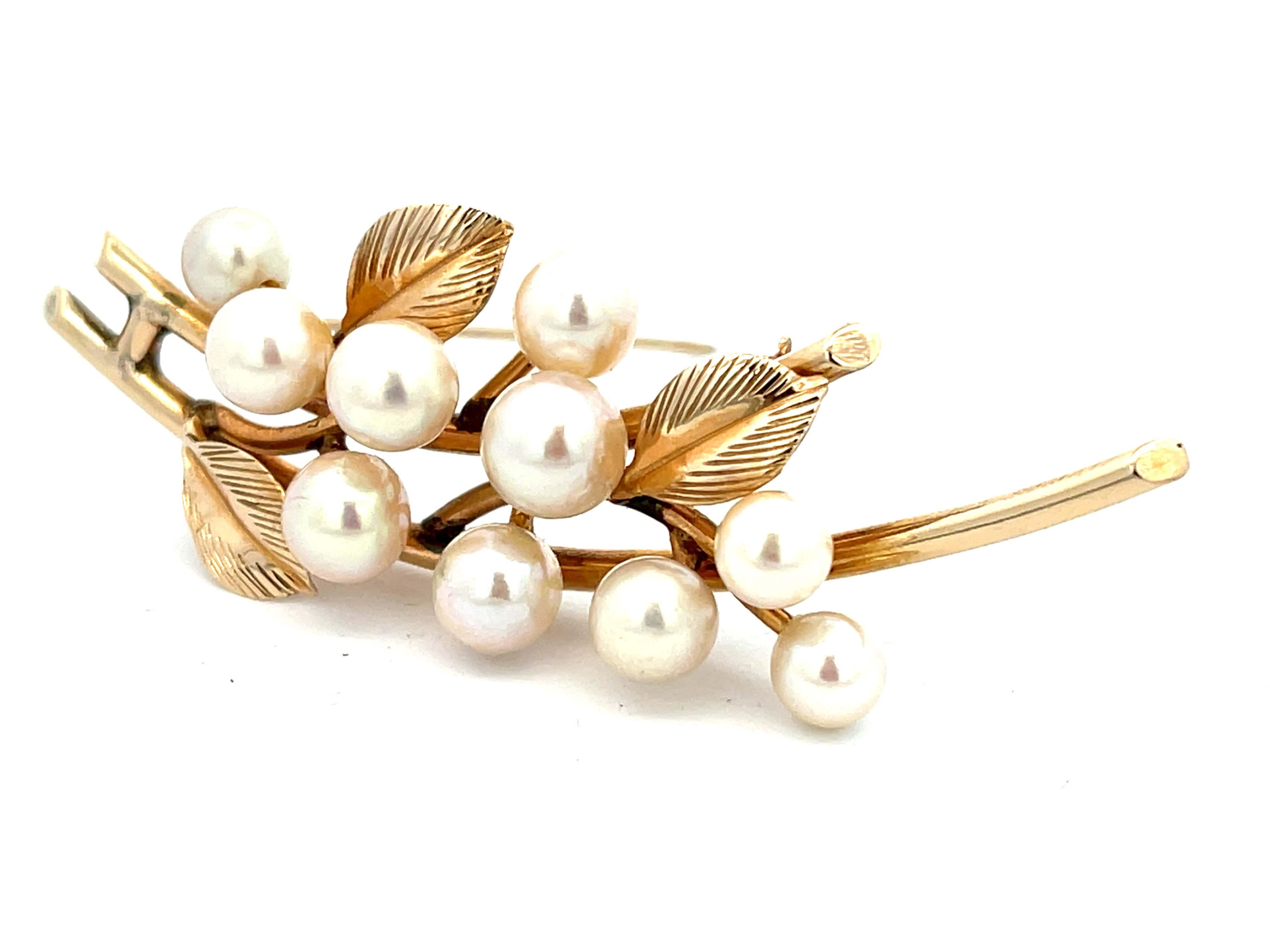 Round Cut Mings Pearls and Leaves on a Branch Brooch in 14k Yellow Gold For Sale
