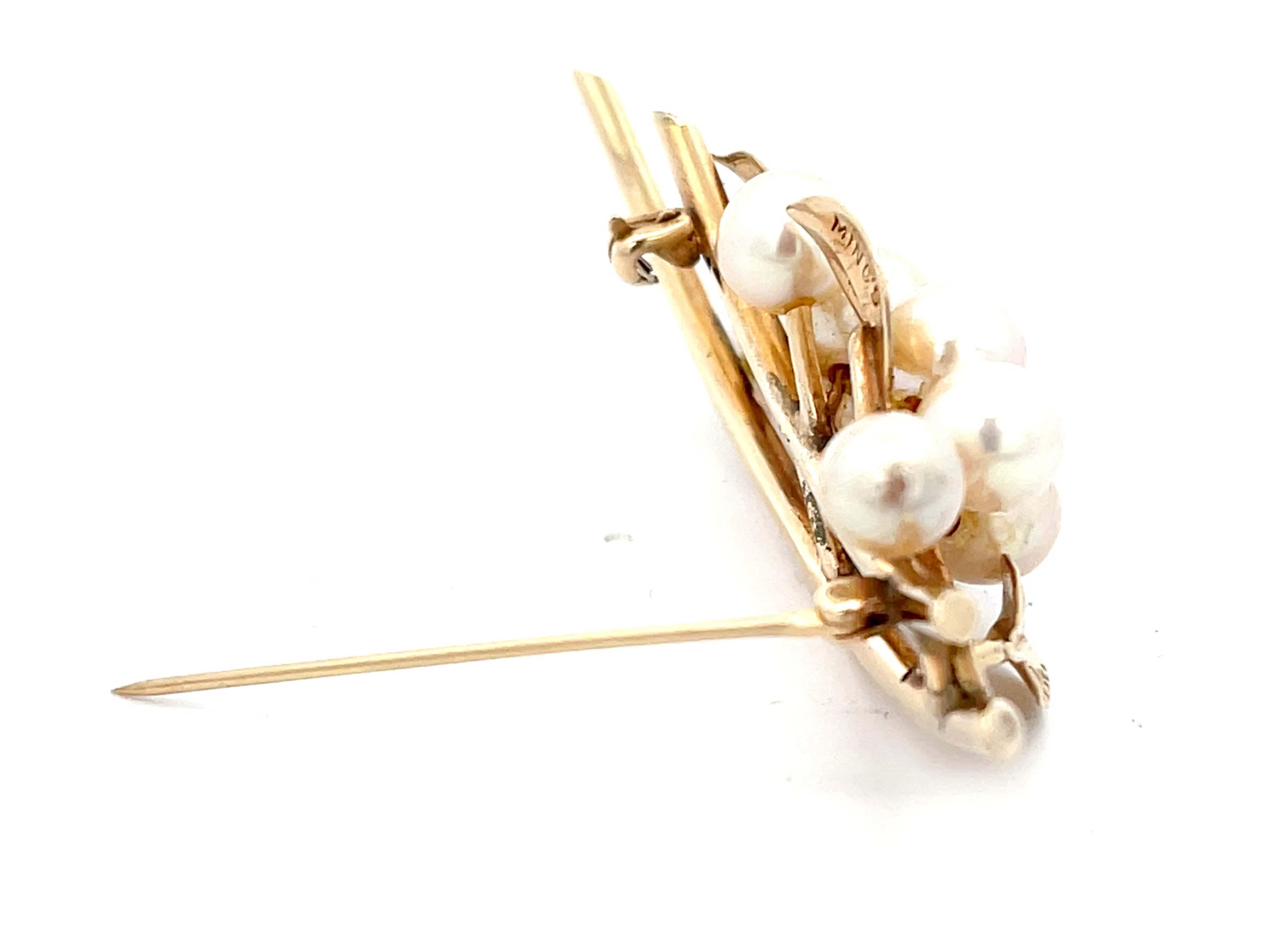 Women's Mings Pearls and Leaves on a Branch Brooch in 14k Yellow Gold For Sale