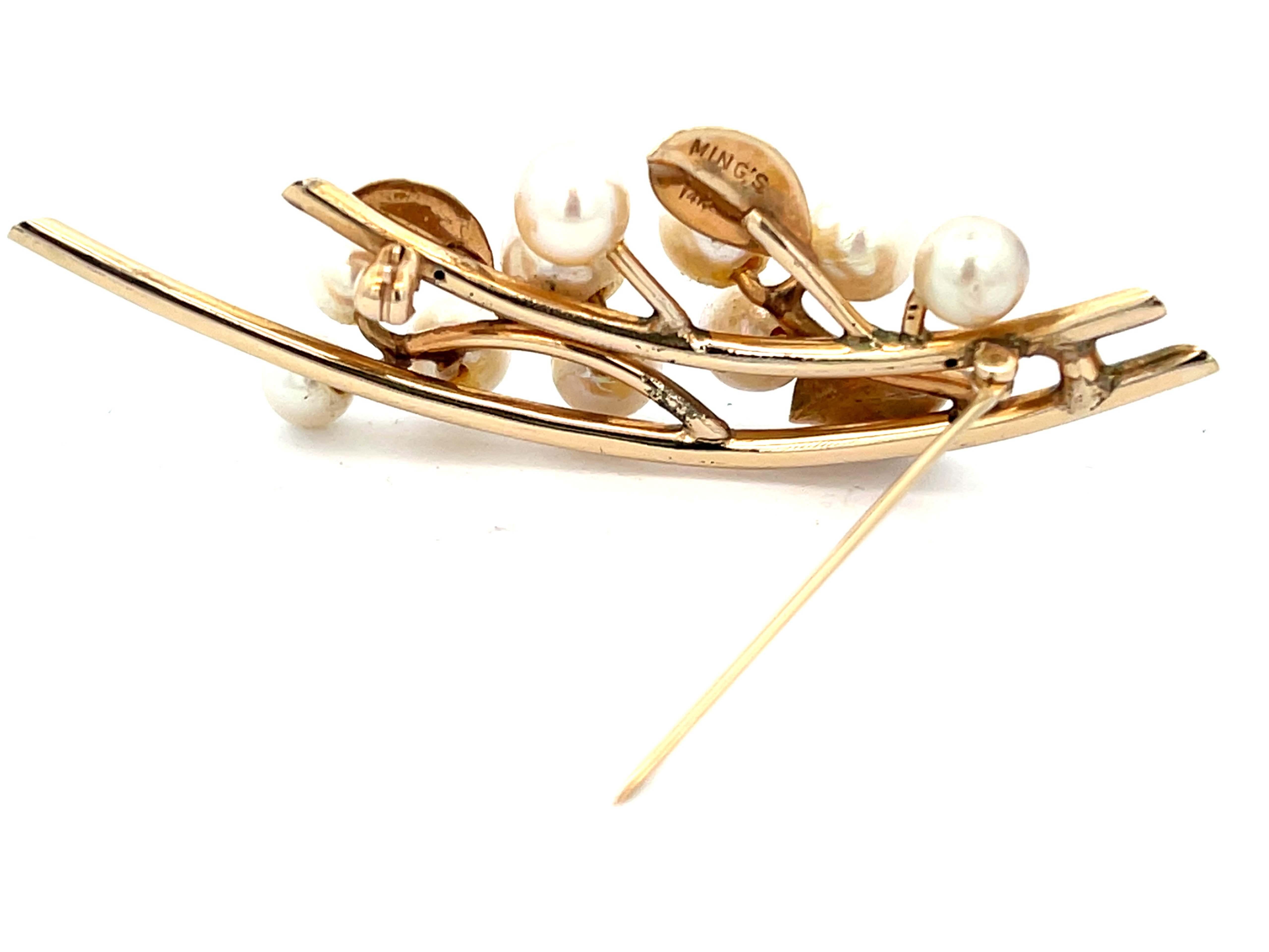 Mings Pearls and Leaves on a Branch Brooch in 14k Yellow Gold For Sale 1