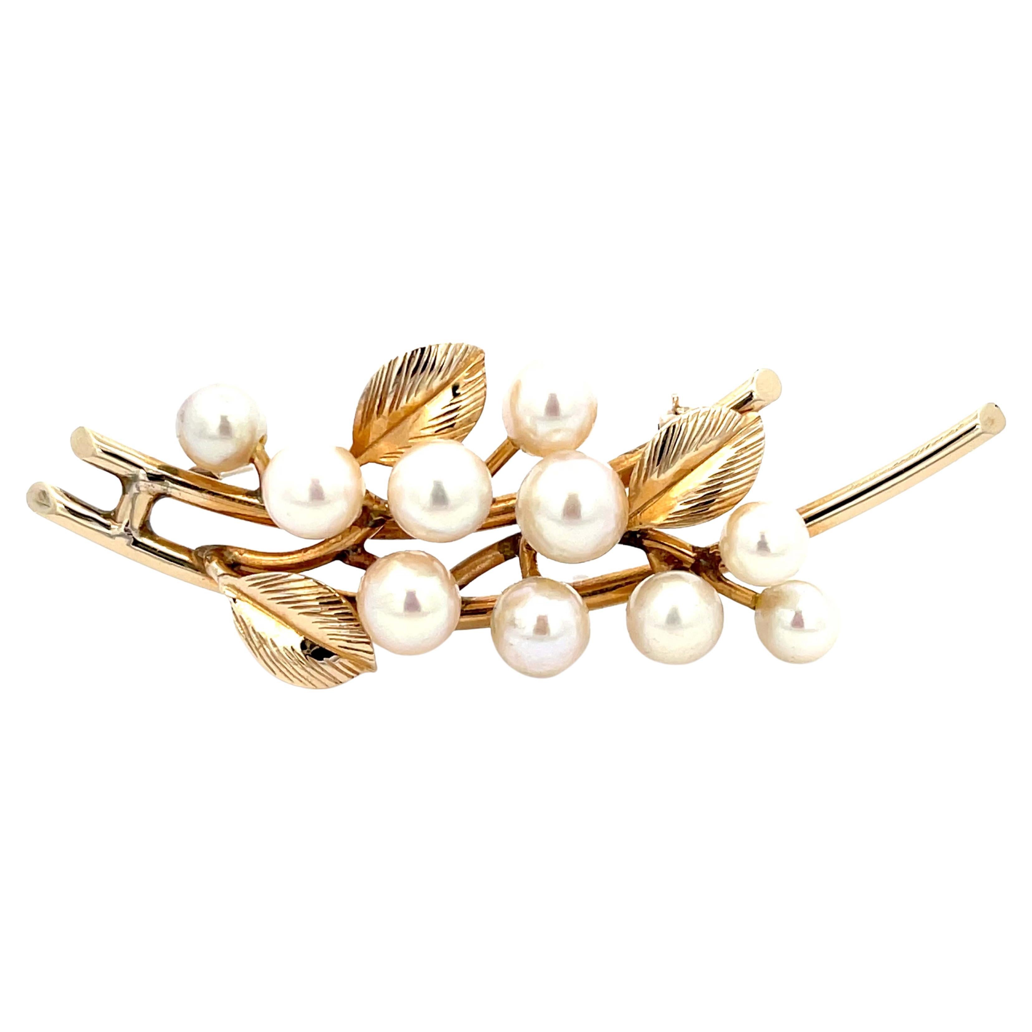 Broche Mings en or jaune 14k, perles et feuilles sur une branche