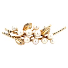 Vintage Mings Pearls and Leaves on a Branch Brooch in 14k Yellow Gold