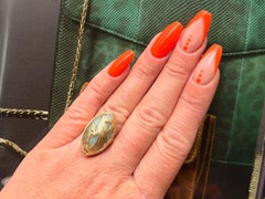 Mings Phoenix on Marquise Mutton Fat Jade Ring 14k Yellow Gold