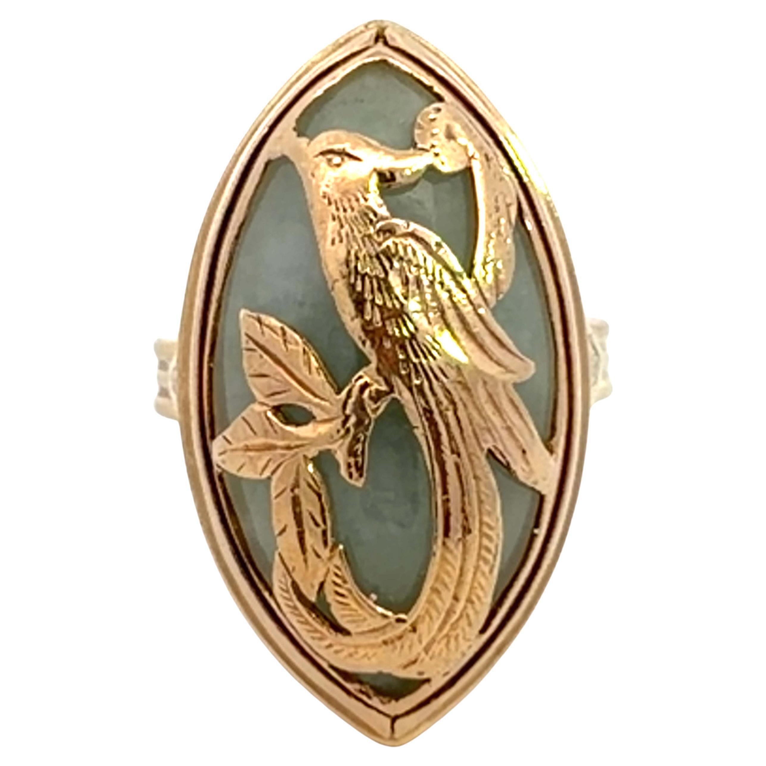 Mings Phoenix on Marquise Mutton Fat Jade Ring 14k Yellow Gold For Sale