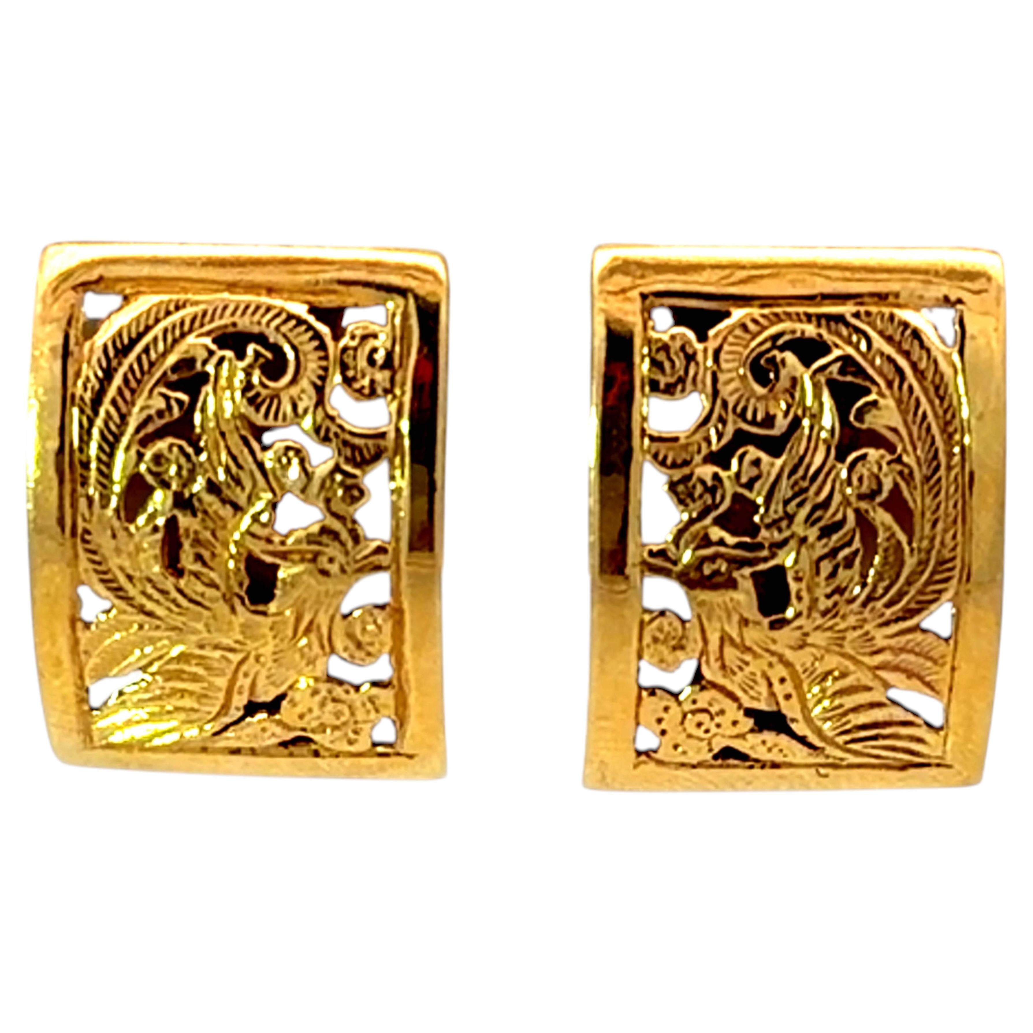 Ming's Phoenix Rectangle Stud Earrings 14K Yellow Gold For Sale