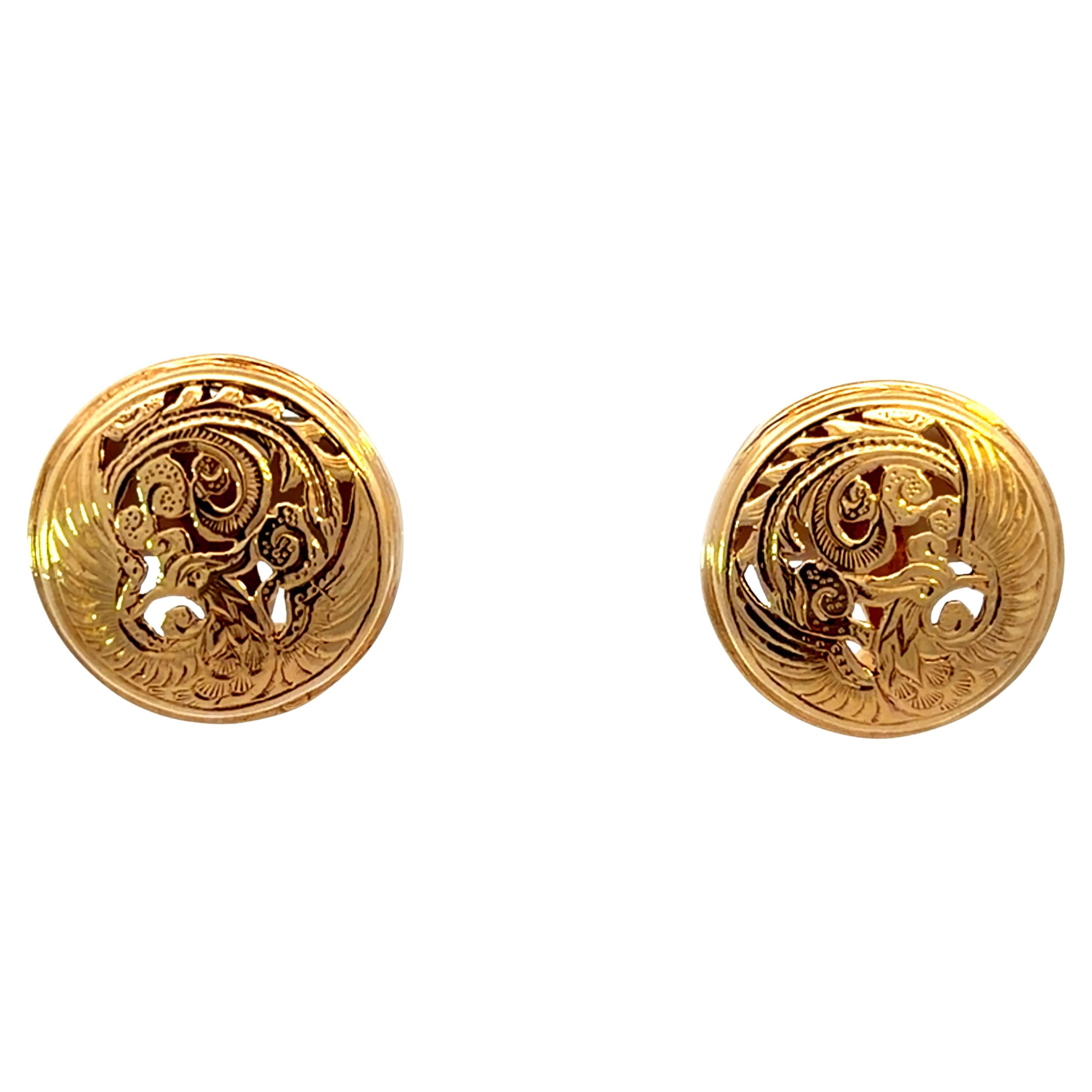 Ming's Phoenix Round Omega Back Earrings 14K Yellow Gold