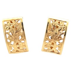 Vintage Mings Pierced Bird on a Plum Rectangular Earrings in 14k Yellow Gold