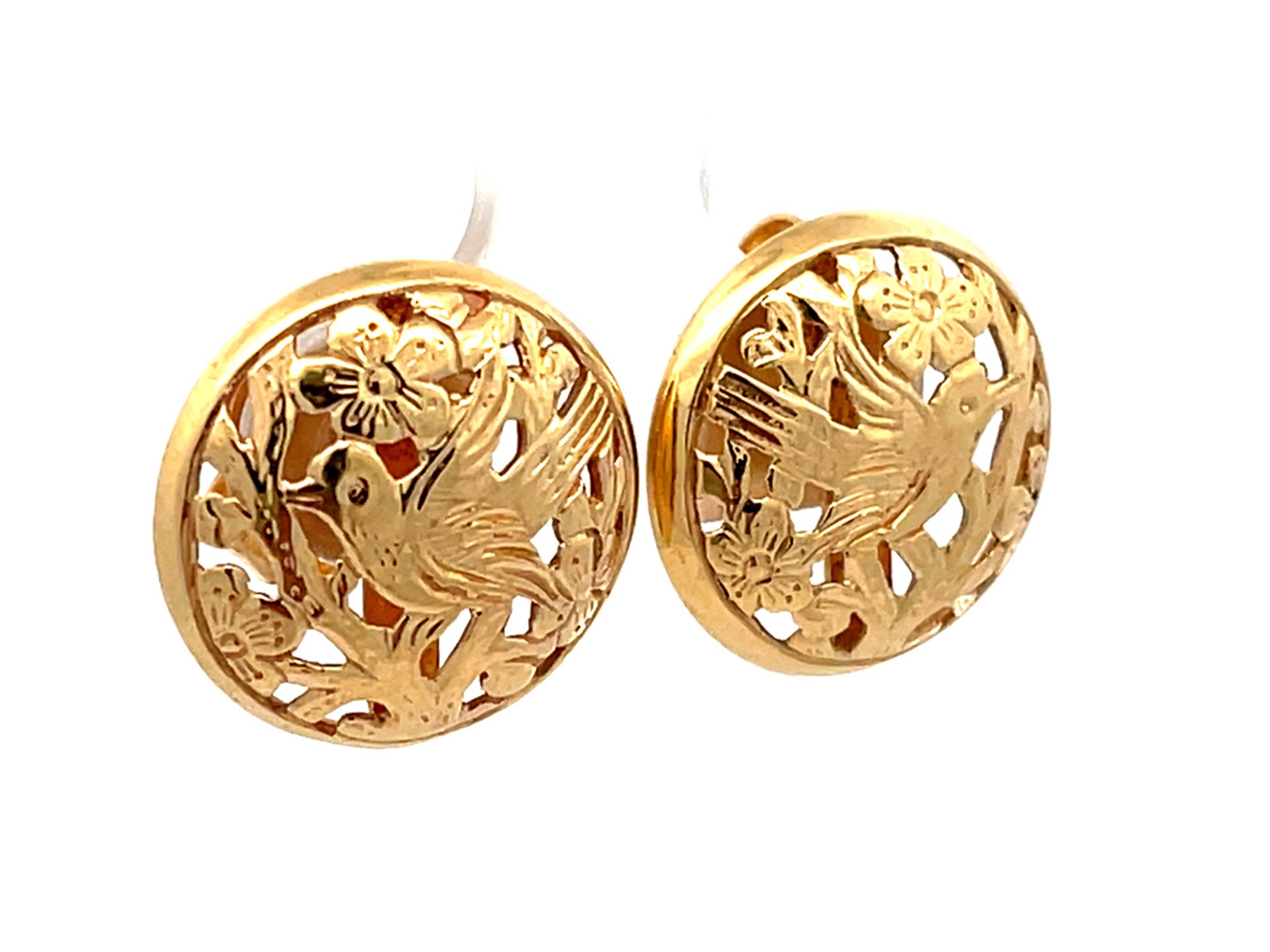 Modern Mings Pierced Bird on a Plum Round Stud Earrings in 14k Yellow Gold For Sale