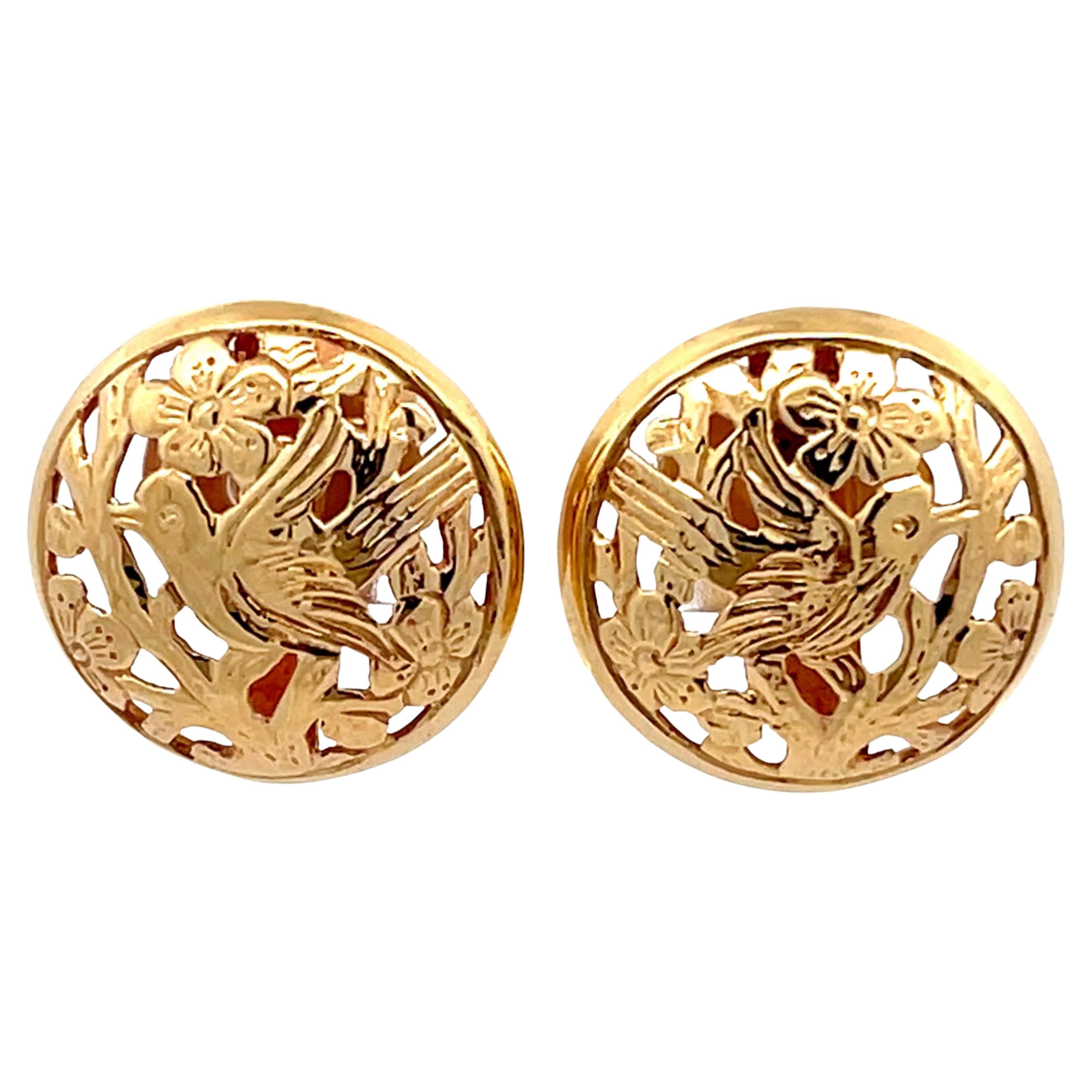 Mings Pierced Bird on a Plum Round Stud Earrings in 14k Yellow Gold For Sale