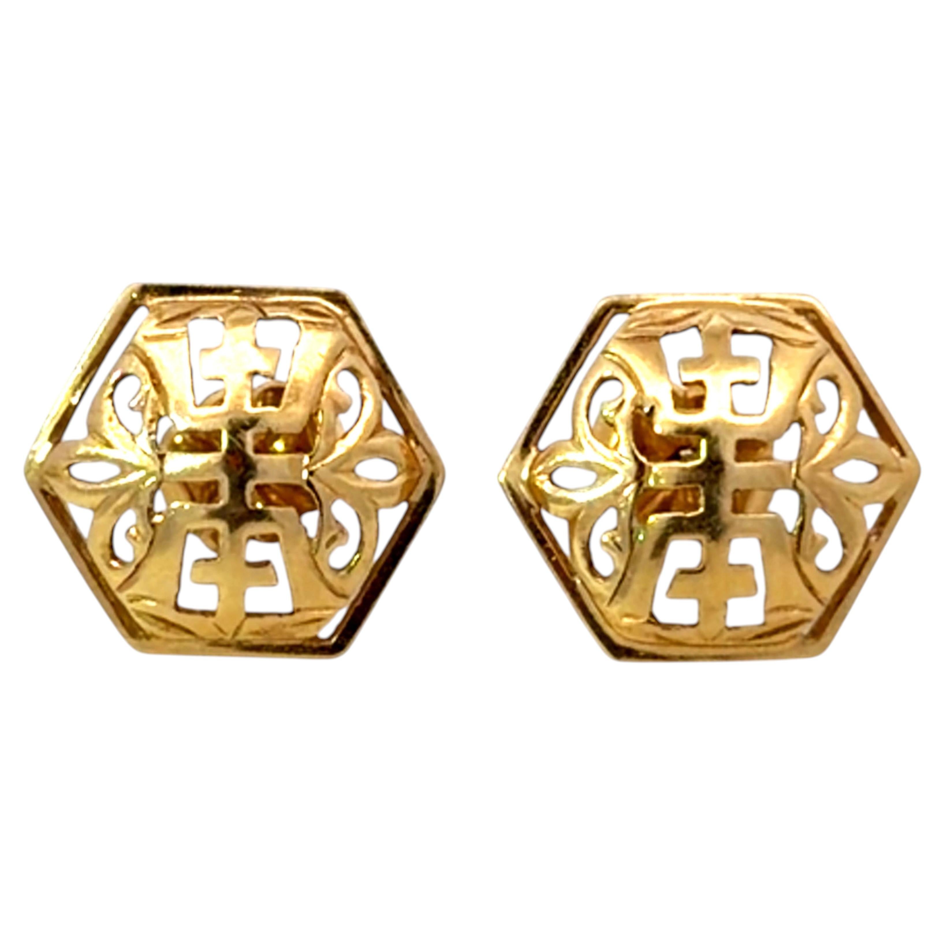 Ming's Pierced Longevity Hexagon Shape Stud Earrings 14K Yellow Gold For Sale