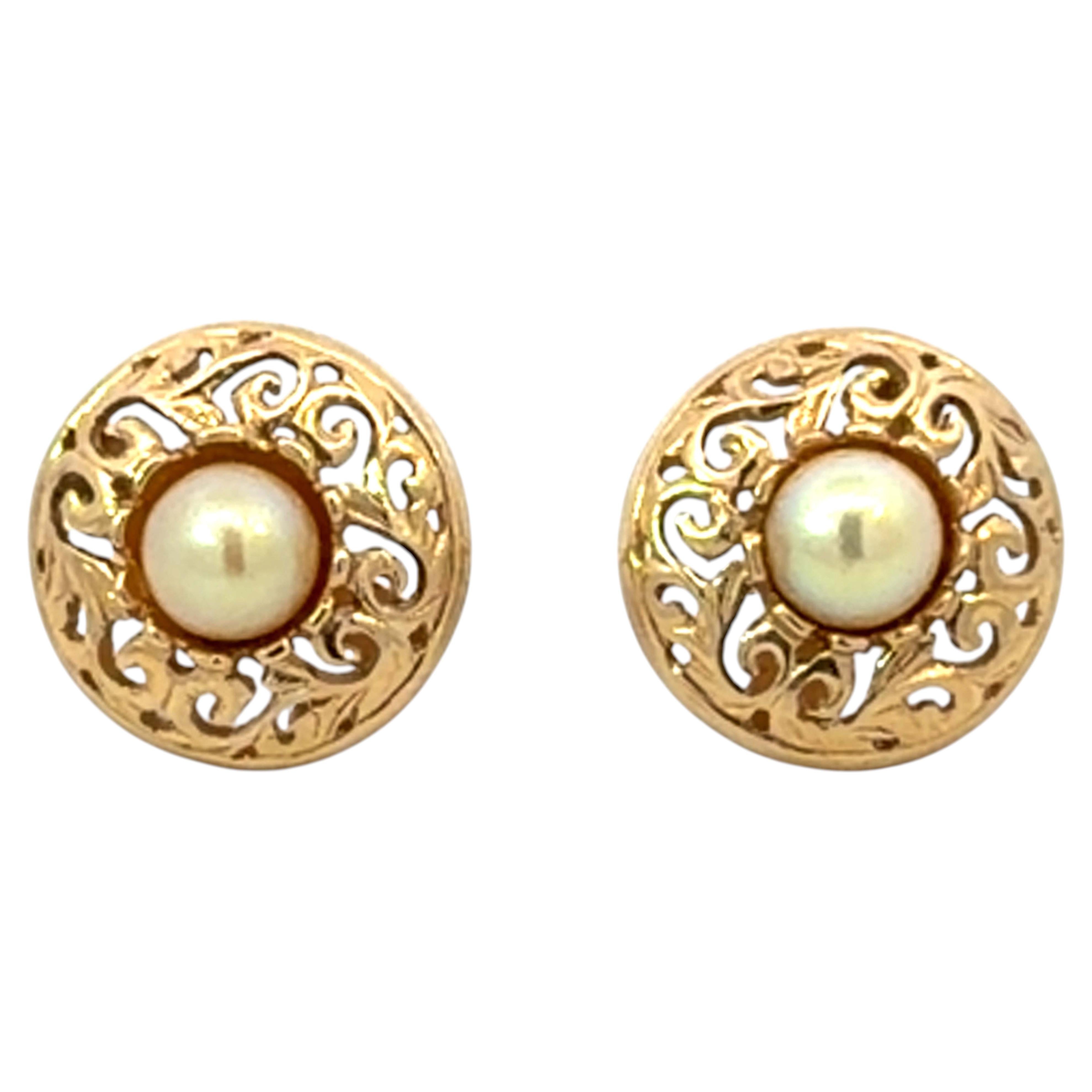 Ming's Pierced Round Pearl Stud Earrings 14K Yellow Gold