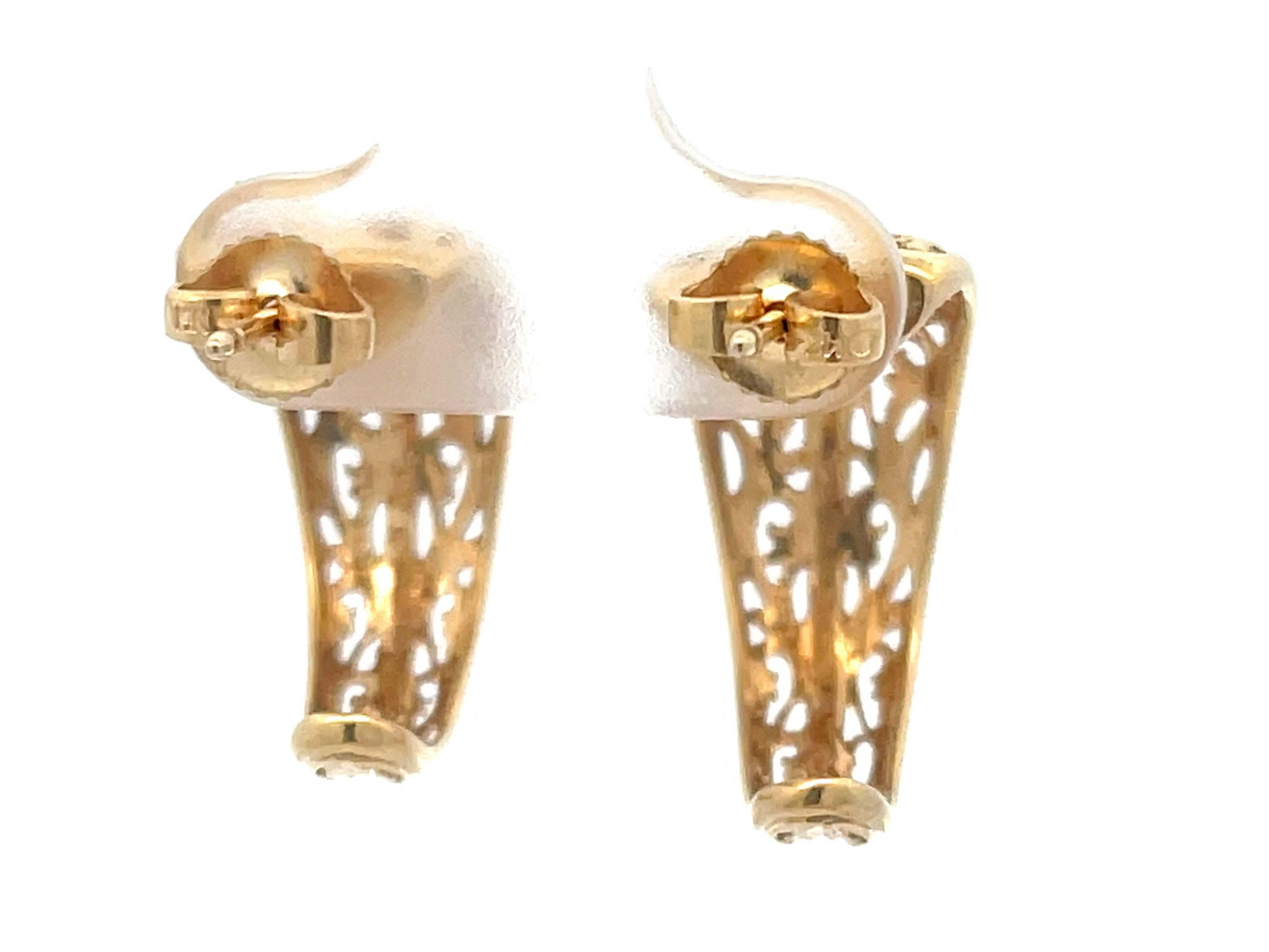 Mings Pierced Scroll Design Wide Half Hoop Earrings in 14k Yellow Gold For Sale 1