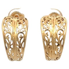 Vintage Mings Pierced Scroll Design Wide Half Hoop Earrings in 14k Yellow Gold