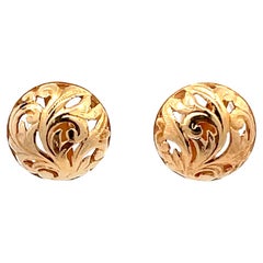 Mings Pierced Swirl Leaf Round Stud Earrings in 14k Yellow Gold