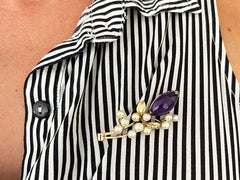 Mings Purple Amethyst and Akoya Pearl Brooch in 14k Yellow Gold