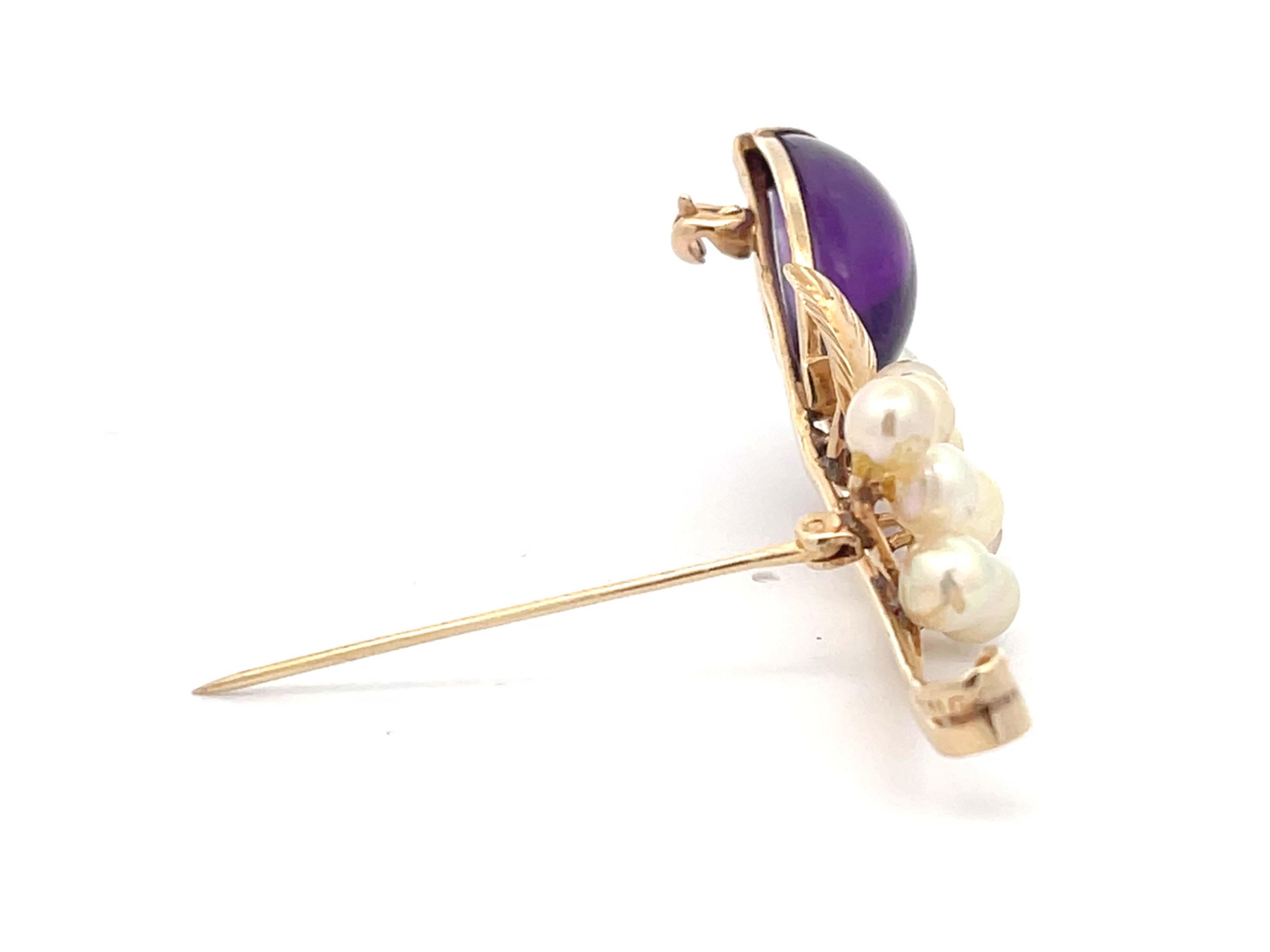 Modern Mings Purple Amethyst and Akoya Pearl Brooch in 14k Yellow Gold For Sale