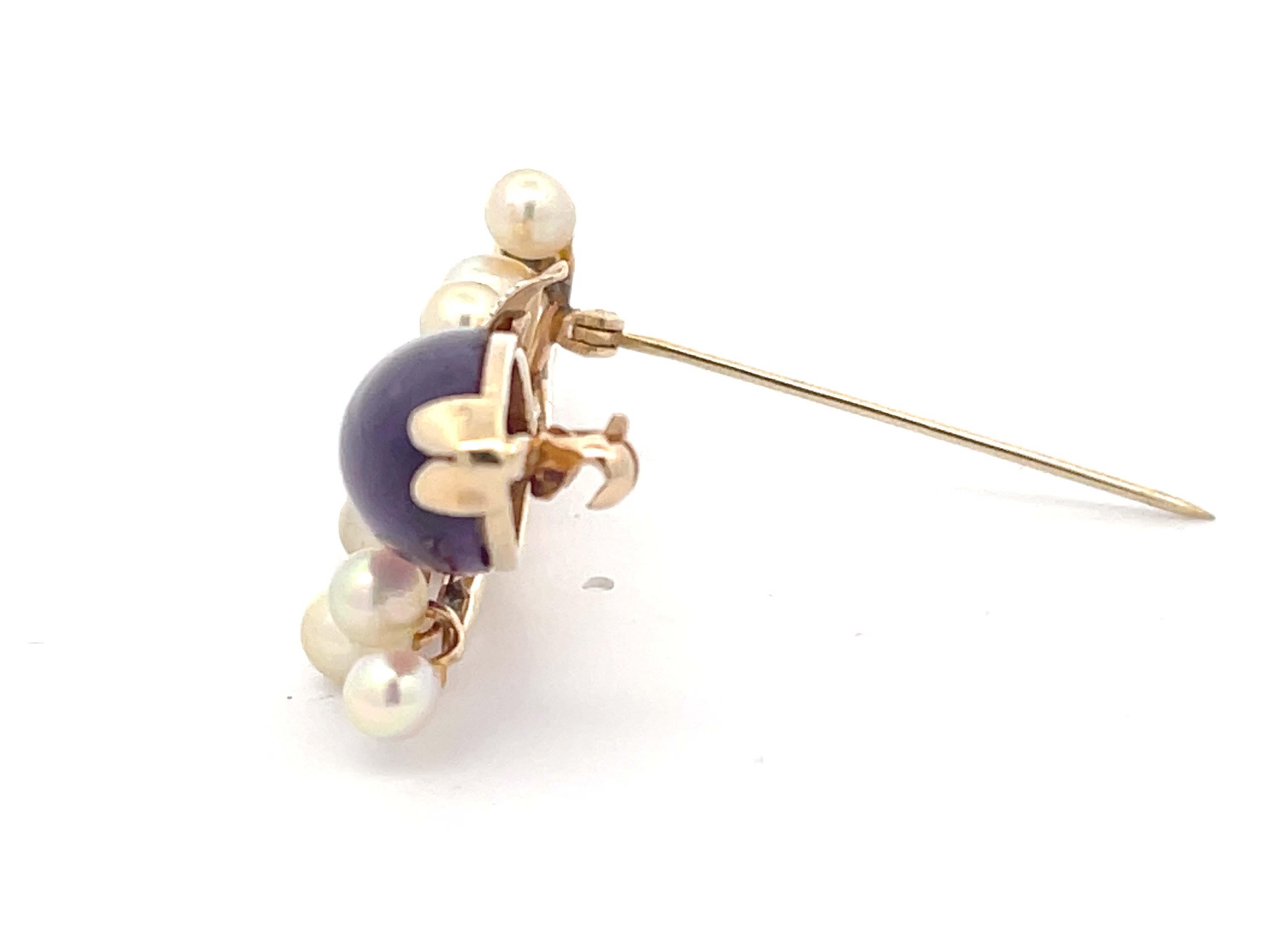Round Cut Mings Purple Amethyst and Akoya Pearl Brooch in 14k Yellow Gold For Sale