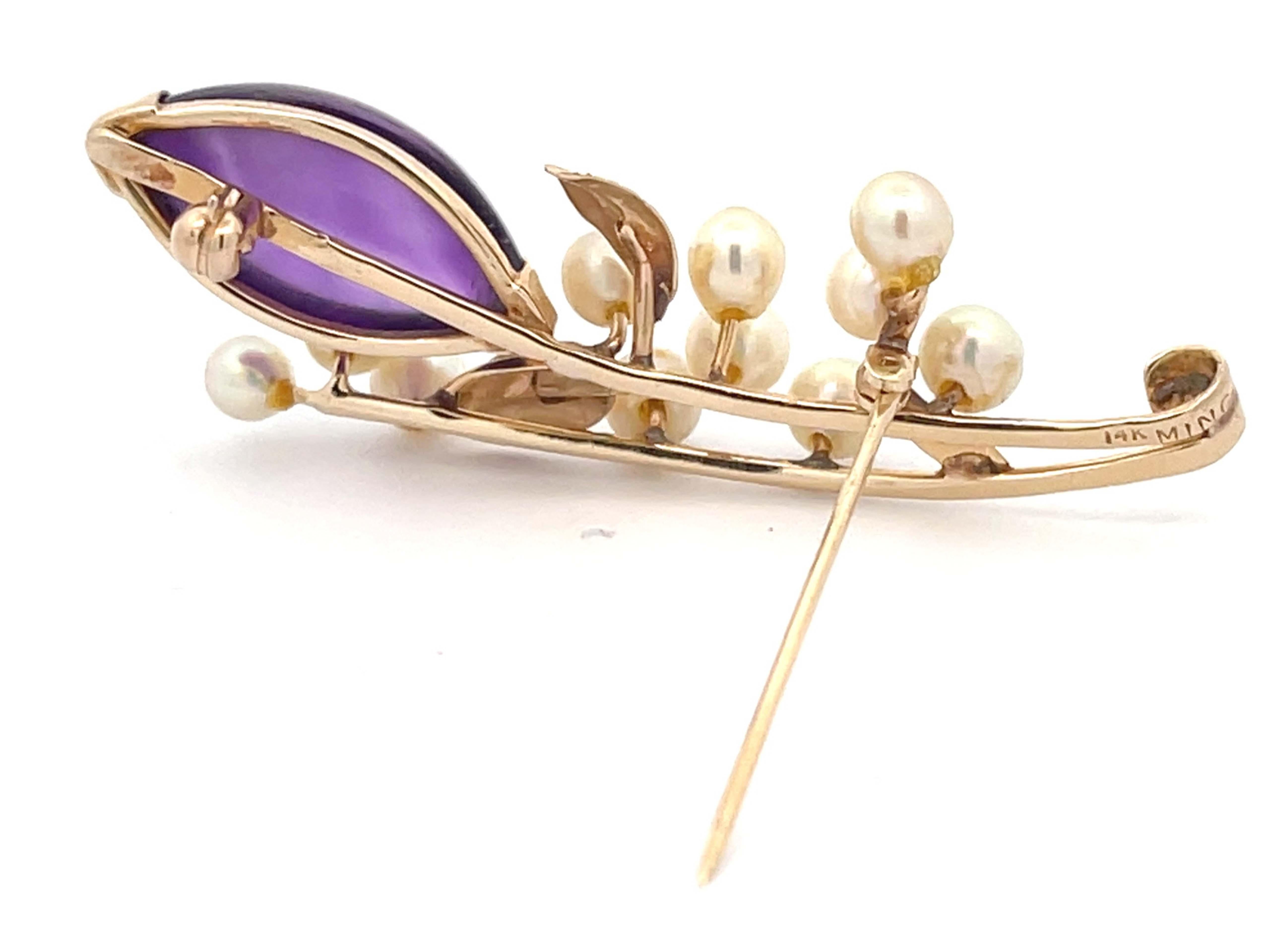 Mings Purple Amethyst and Akoya Pearl Brooch in 14k Yellow Gold In Excellent Condition For Sale In Honolulu, HI