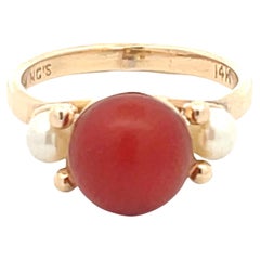 Mings Red Coral and Pearl Band Ring in 14k Yellow Gold