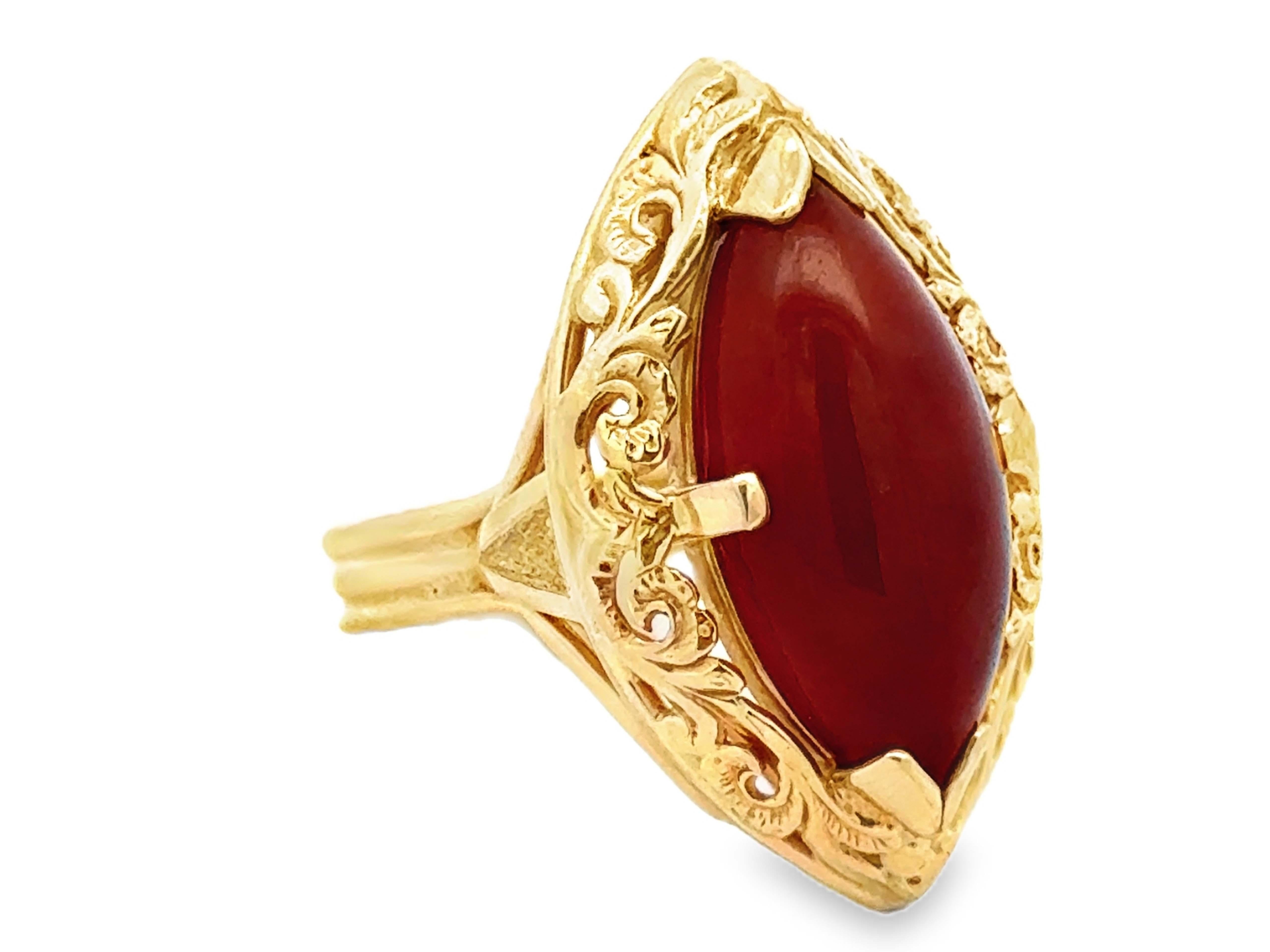 Modern Mings Red Marquise Cabochon Jade Ring 14k Yellow Gold For Sale
