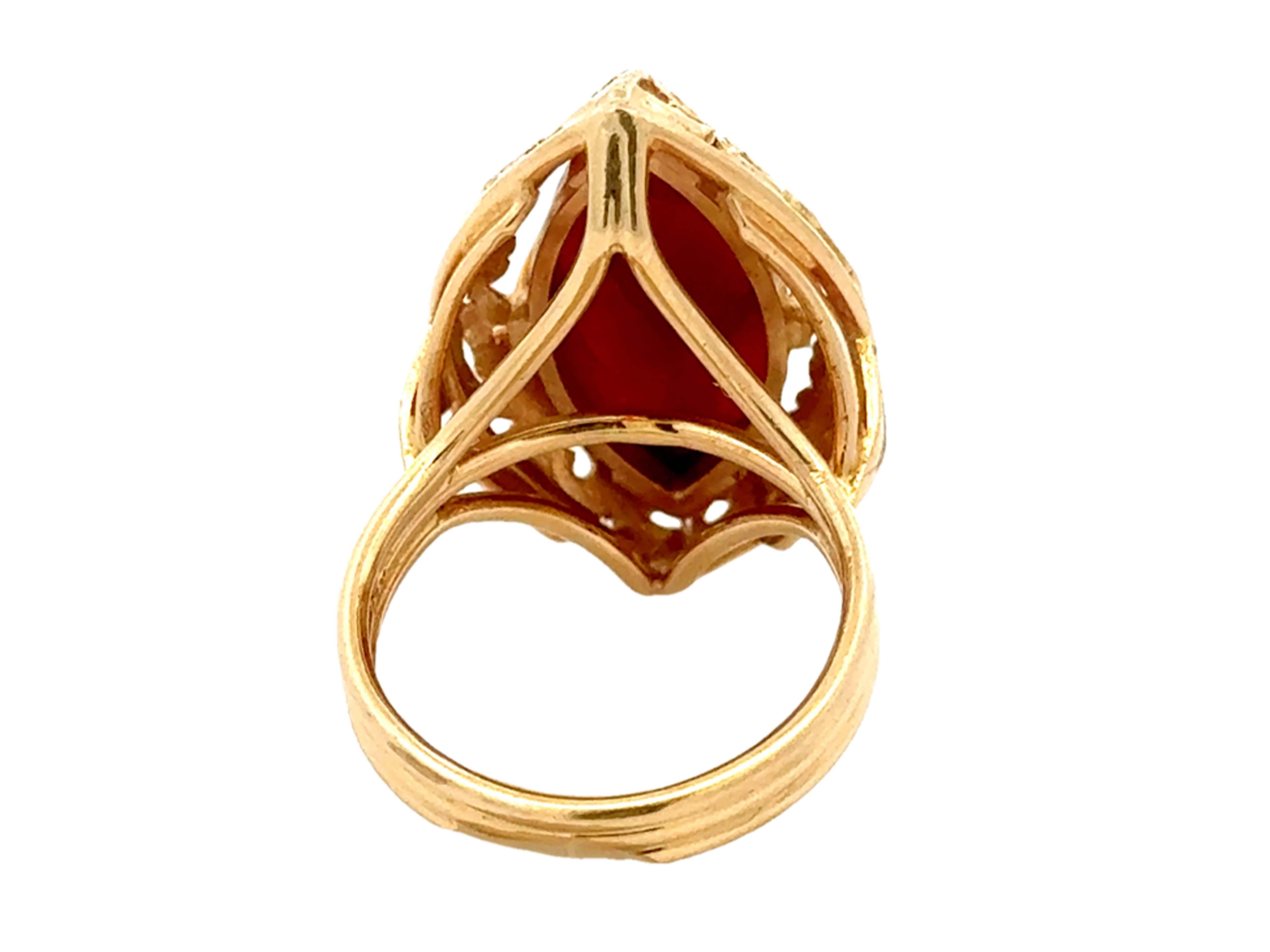 Mings Red Marquise Cabochon Jade Ring 14k Yellow Gold For Sale 2